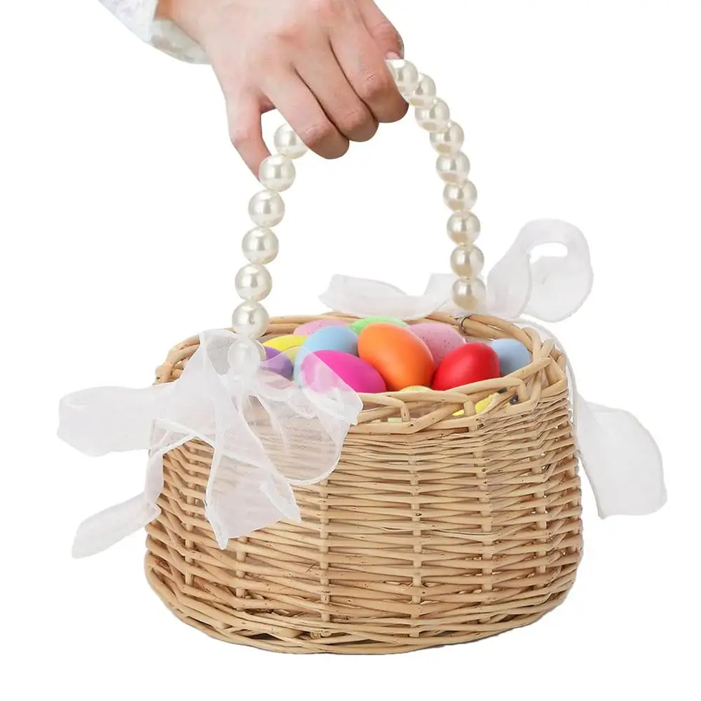 Woven Rattan Flower Girl Basket With Handle Handmade Flower Girl Easter Wicker Hand Baskets For Home Wedding Decoration