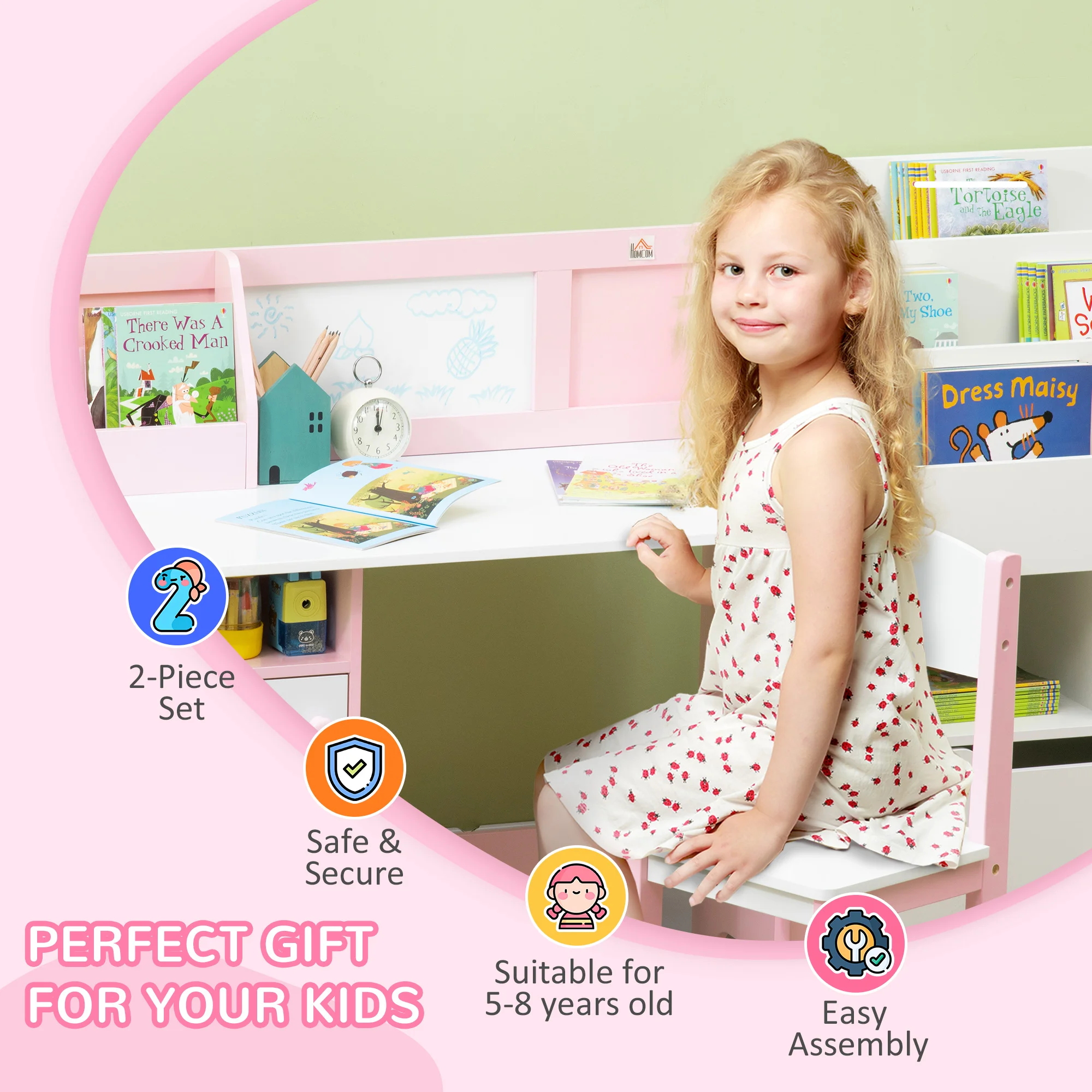 HOMCOM Kids Desk And Chair Set 2 PCs Childrens Table And Chair Set Multi Use Toddler Furniture with Whiteboard, Storage