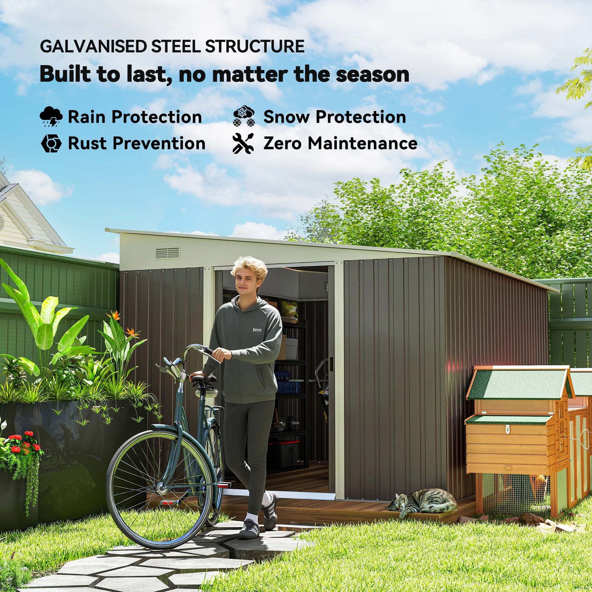 11.3X9.2Ft Steel Garden Storage Shed Tool House W/ Sliding Doors & 2 Air Vents
