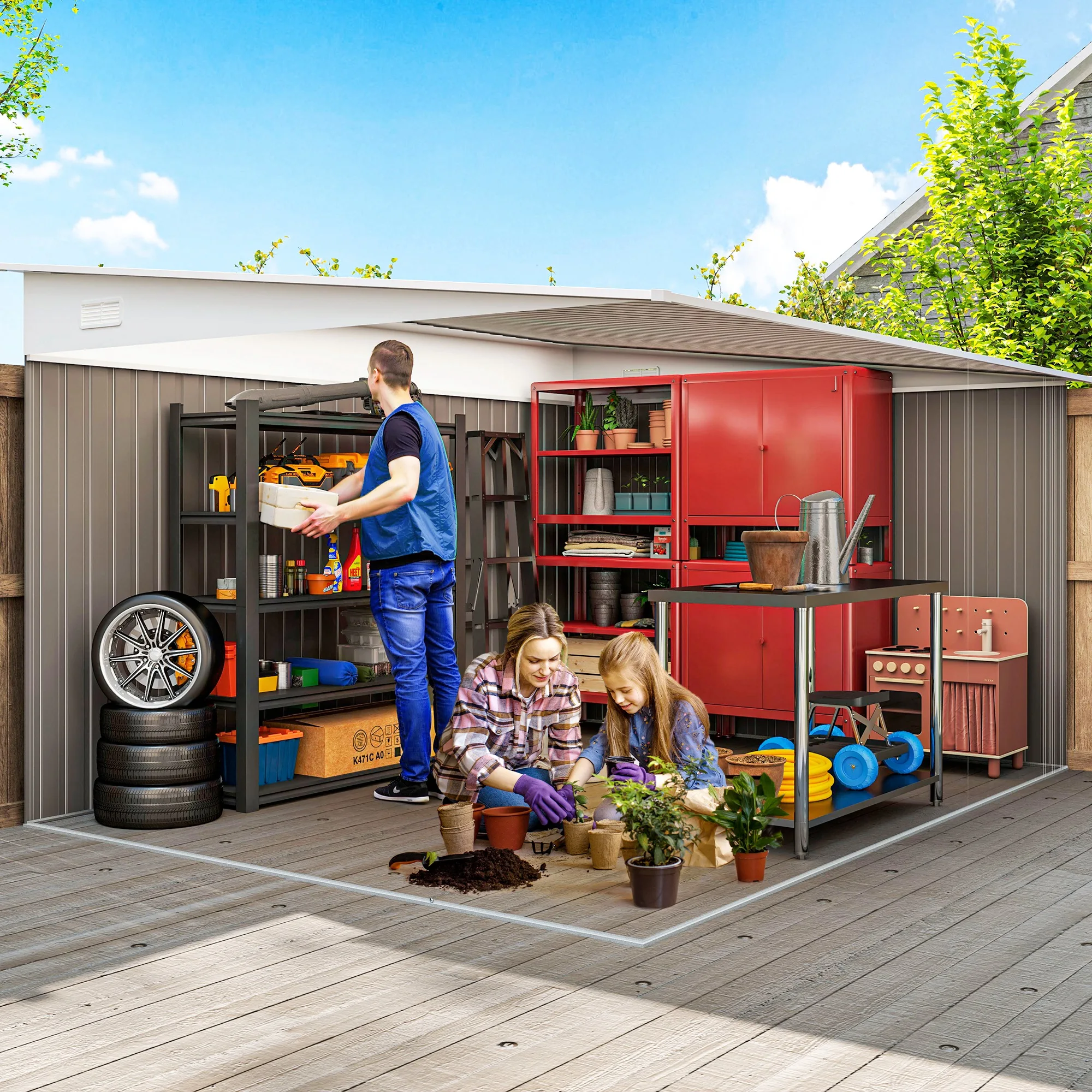 11.3X9.2Ft Steel Garden Storage Shed Tool House W/ Sliding Doors & 2 Air Vents