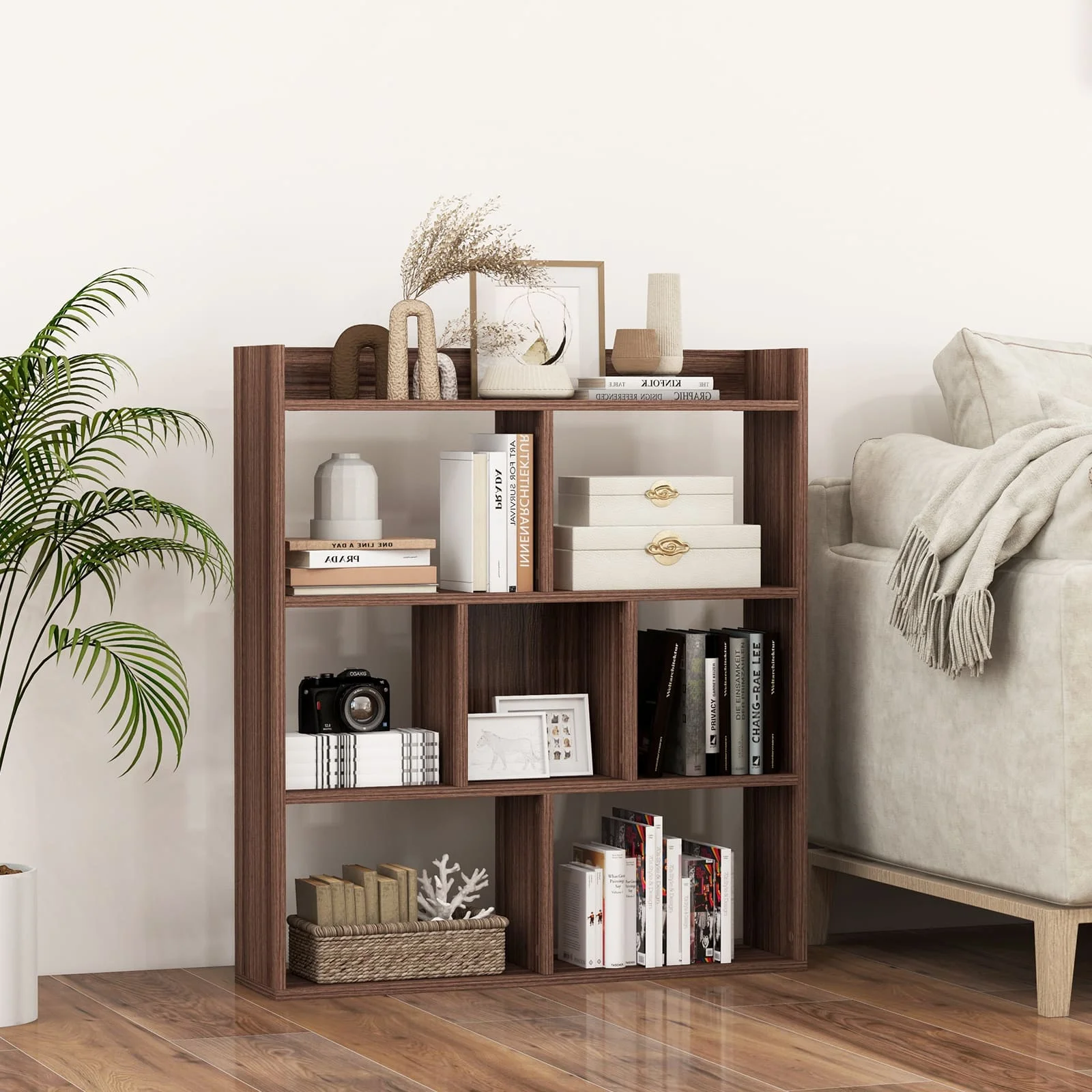 GOFLAME 7 Cubes Open-back Bookshelf Storage Display Shelf Wooden Bookcase Walnut