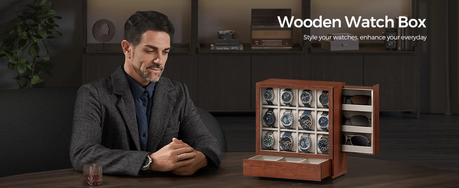 SONGMICS 12-Slot Wooden Watch Box, Watch Display Case with Window, Watch Display Cabinet with Solid Wood Veneer