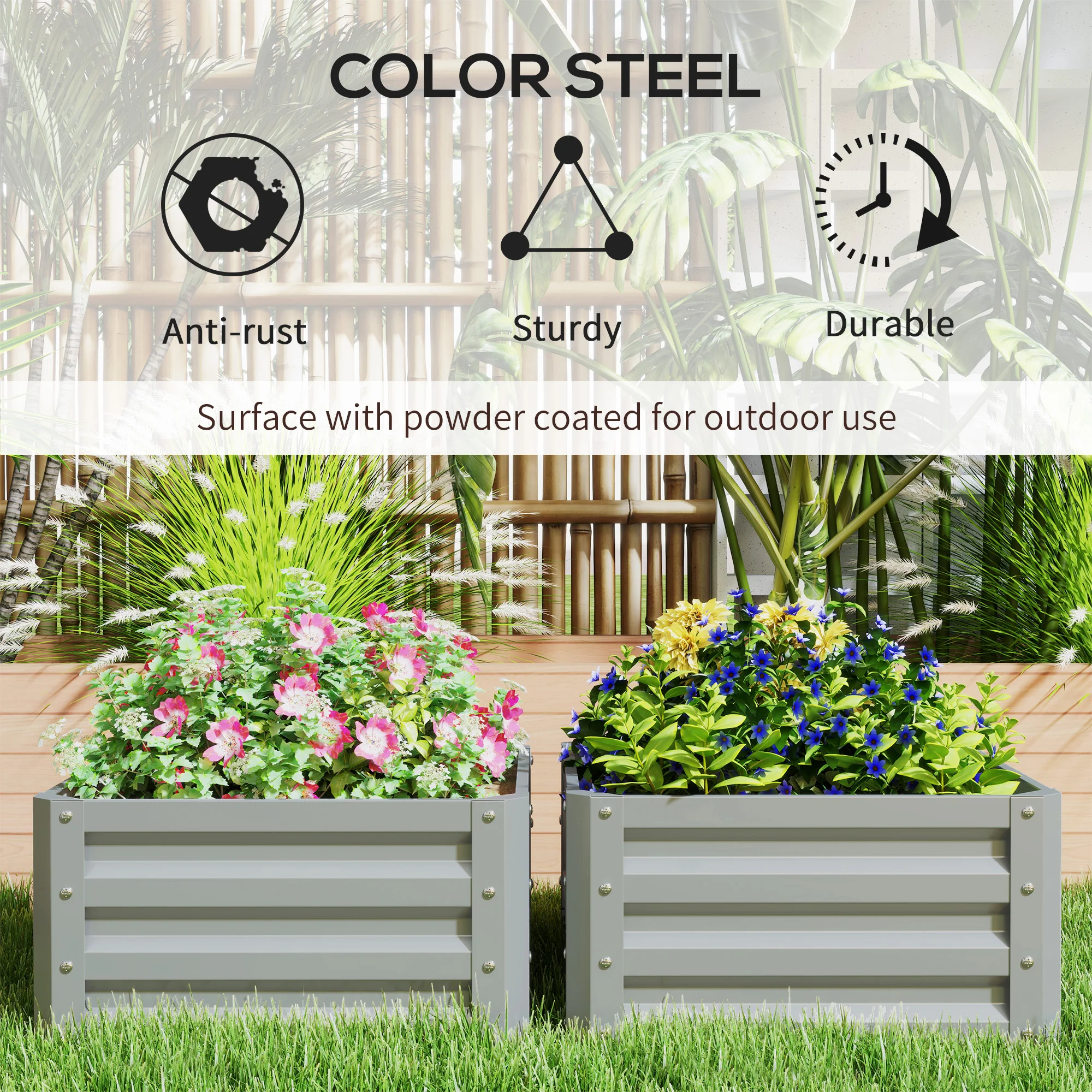Set of 2 Raised Garden Beds Galvanized Steel Planter Boxes Easy Setup Light Grey