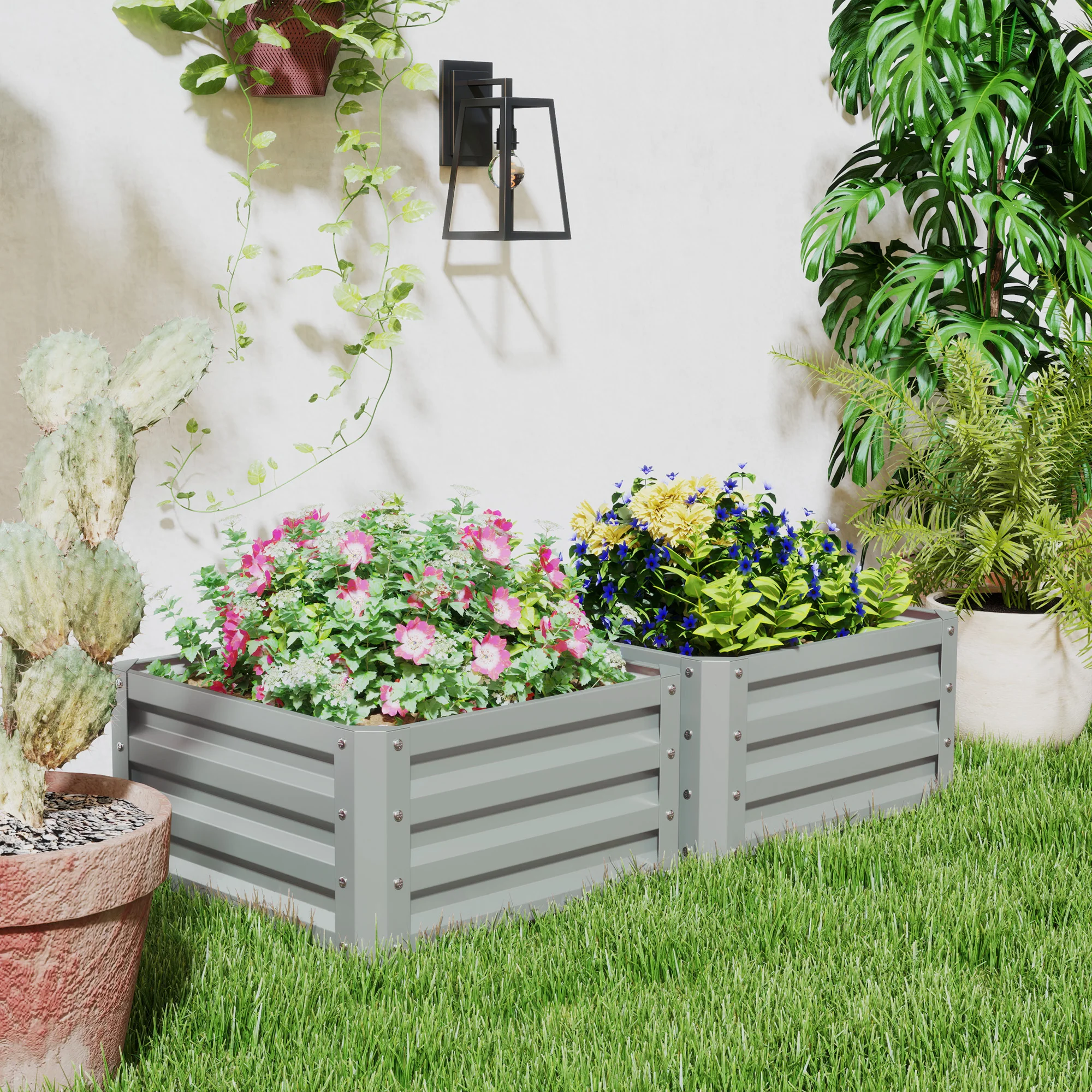 Set of 2 Raised Garden Beds Galvanized Steel Planter Boxes Easy Setup Light Grey