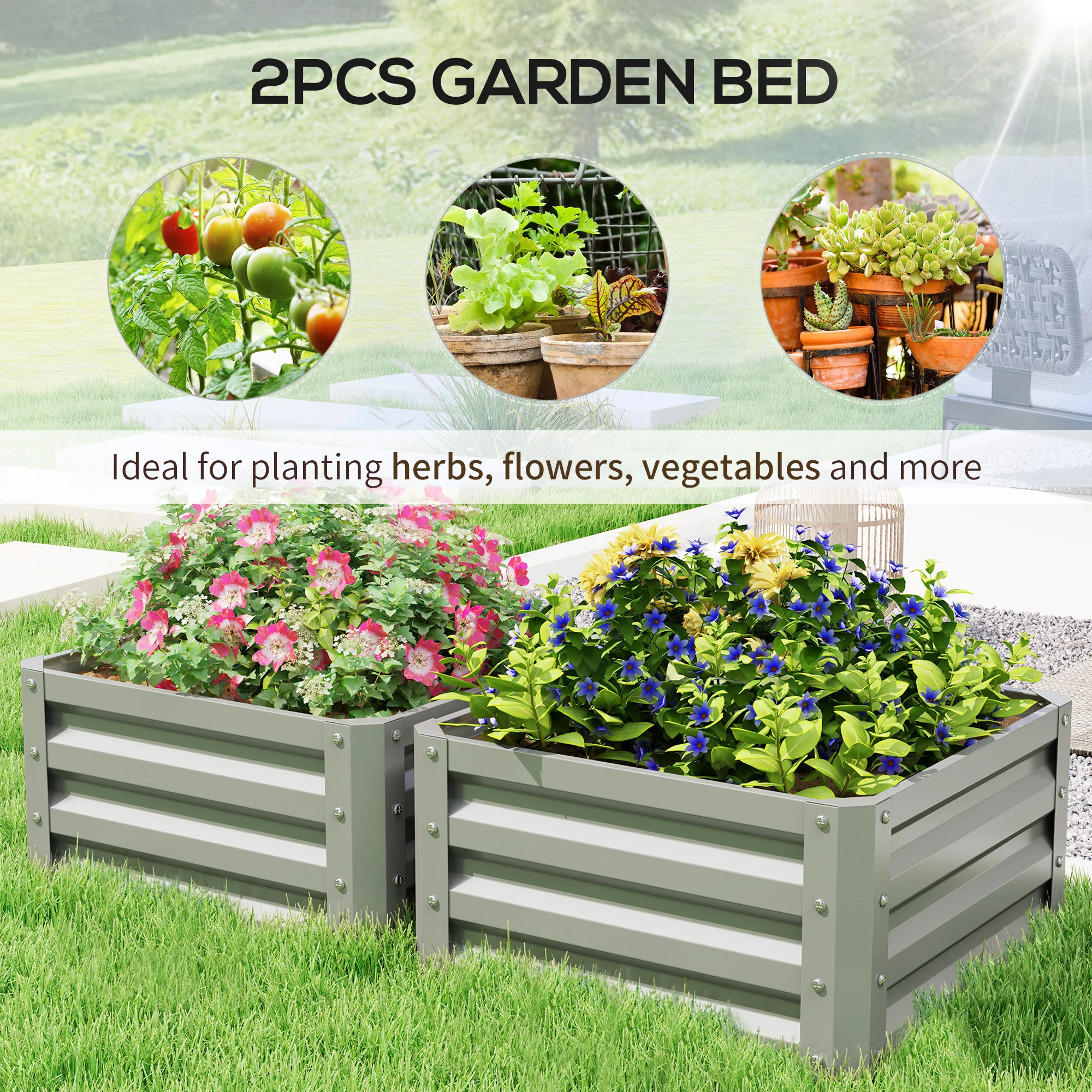 Set of 2 Raised Garden Beds Galvanized Steel Planter Boxes Easy Setup Light Grey