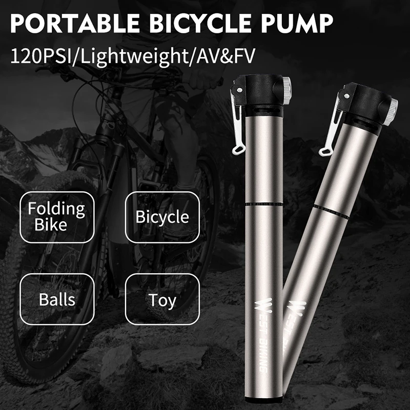 WEST BIKING Mini Bike Pump Aluminum Alloy Portable Drop-proof Bike Ultraligh Hand Air Pump MTB Mountain Road Cycling Pump