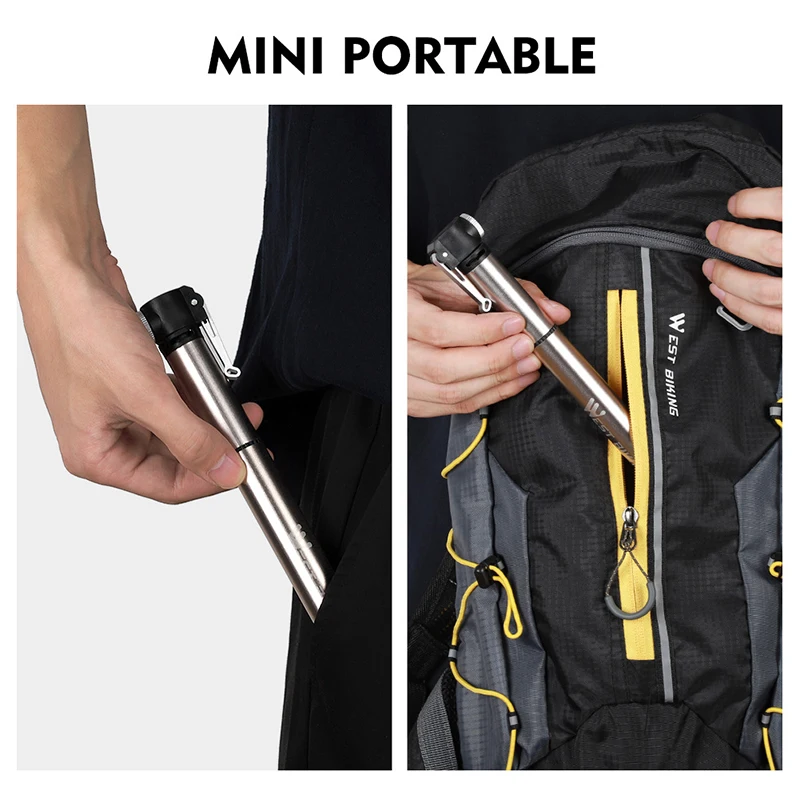 WEST BIKING Mini Bike Pump Aluminum Alloy Portable Drop-proof Bike Ultraligh Hand Air Pump MTB Mountain Road Cycling Pump