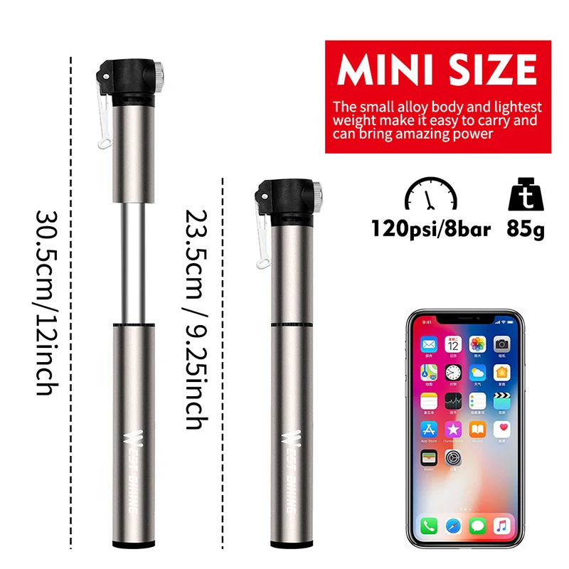 WEST BIKING Mini Bike Pump Aluminum Alloy Portable Drop-proof Bike Ultraligh Hand Air Pump MTB Mountain Road Cycling Pump