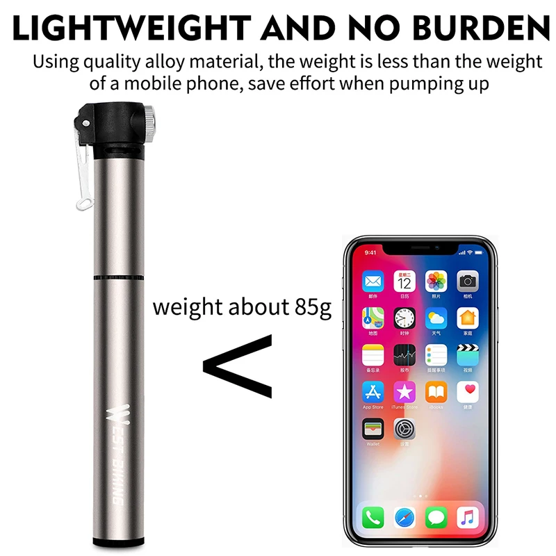 WEST BIKING Mini Bike Pump Aluminum Alloy Portable Drop-proof Bike Ultraligh Hand Air Pump MTB Mountain Road Cycling Pump
