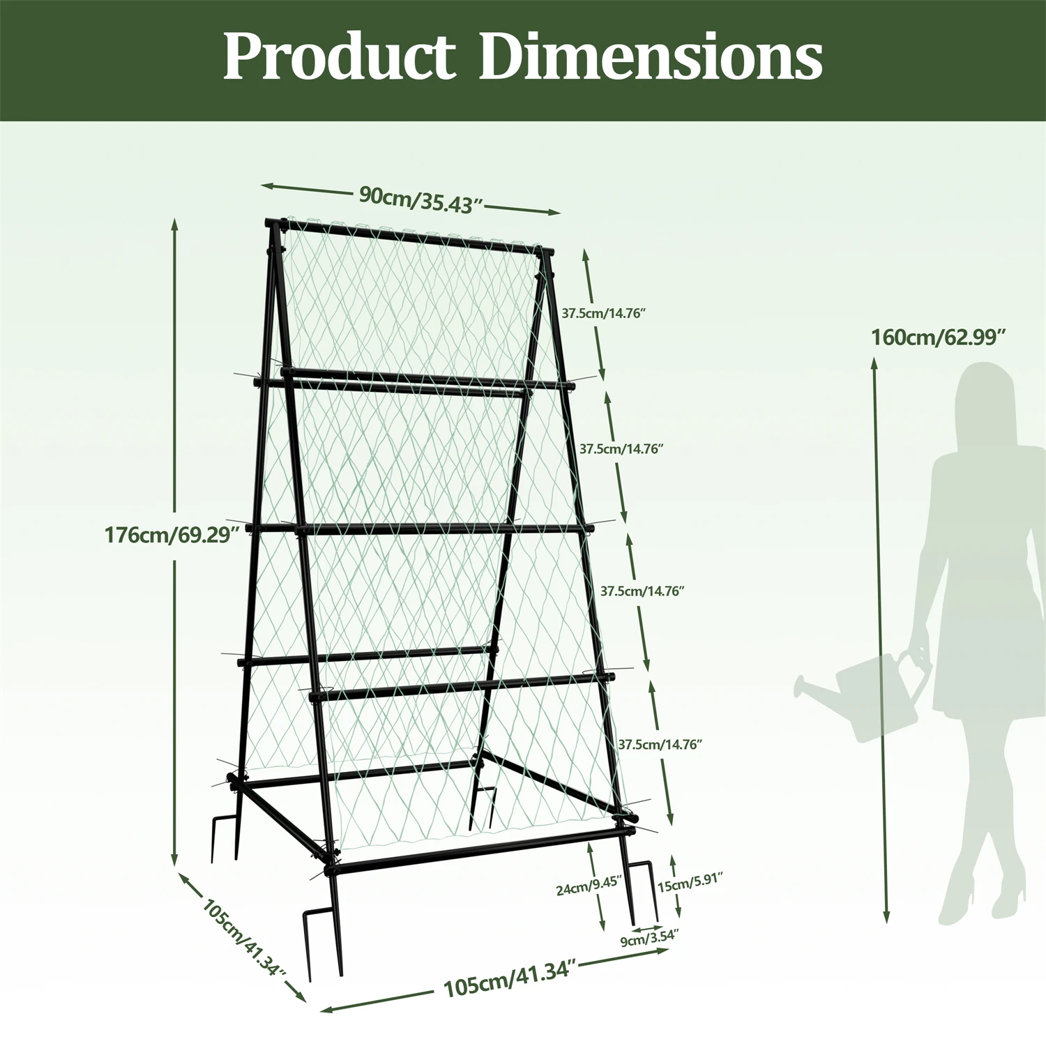 Metal A-Shaped Garden Arch Trellis for Climbing Plants Vegetable Cucumber Support Frame with Nylon Netting, Four Ground Spikes