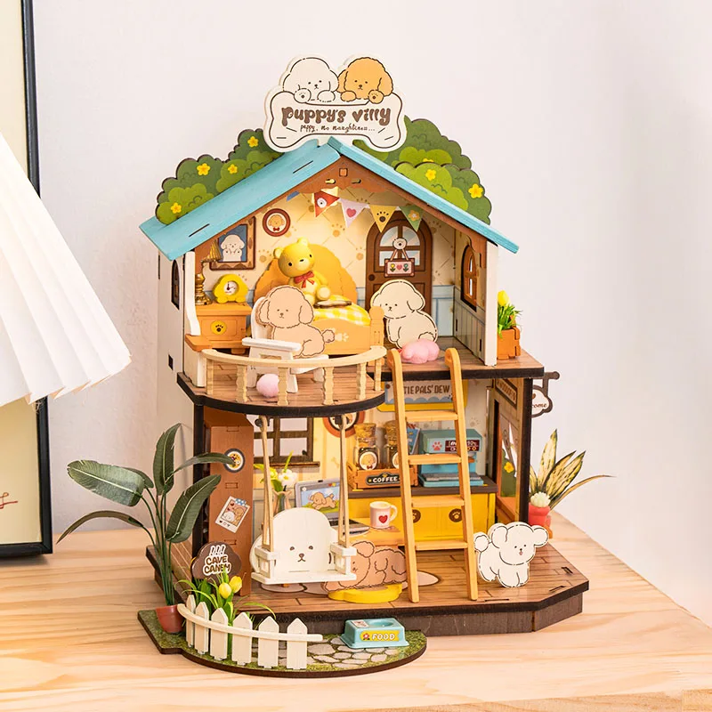 Robotime Rolife DIY Puppy's Cozy Villa House Miniature Kits for Kids and Family New Wooden Puzzle Model Home Decoration Set