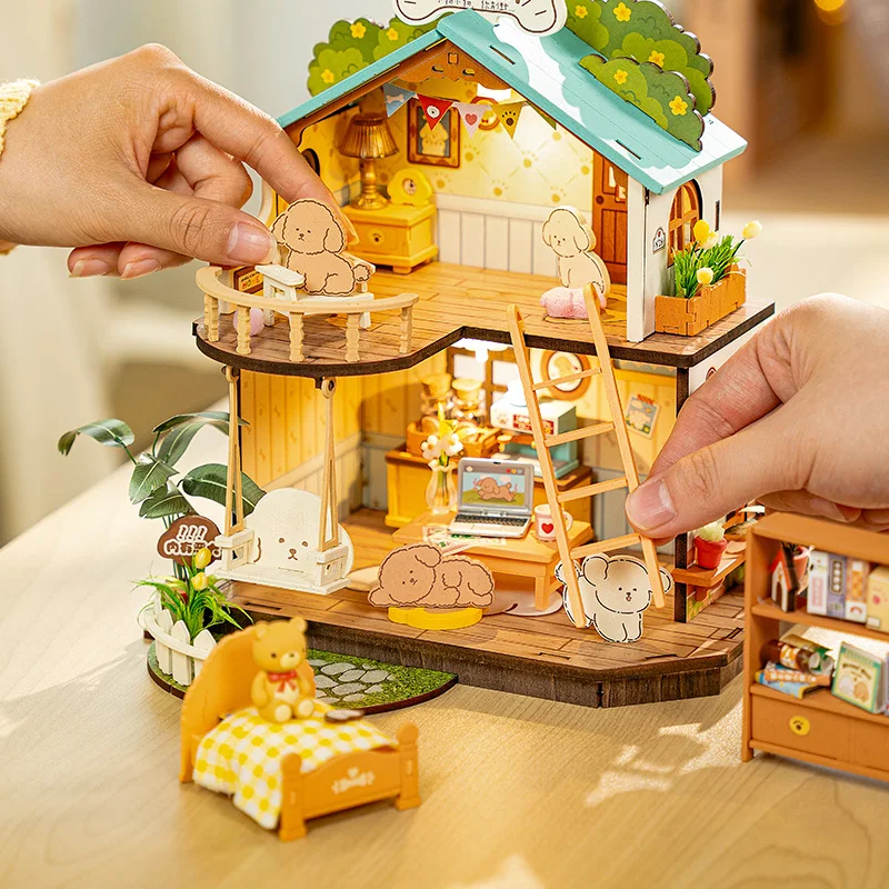 Robotime Rolife DIY Puppy's Cozy Villa House Miniature Kits for Kids and Family New Wooden Puzzle Model Home Decoration Set