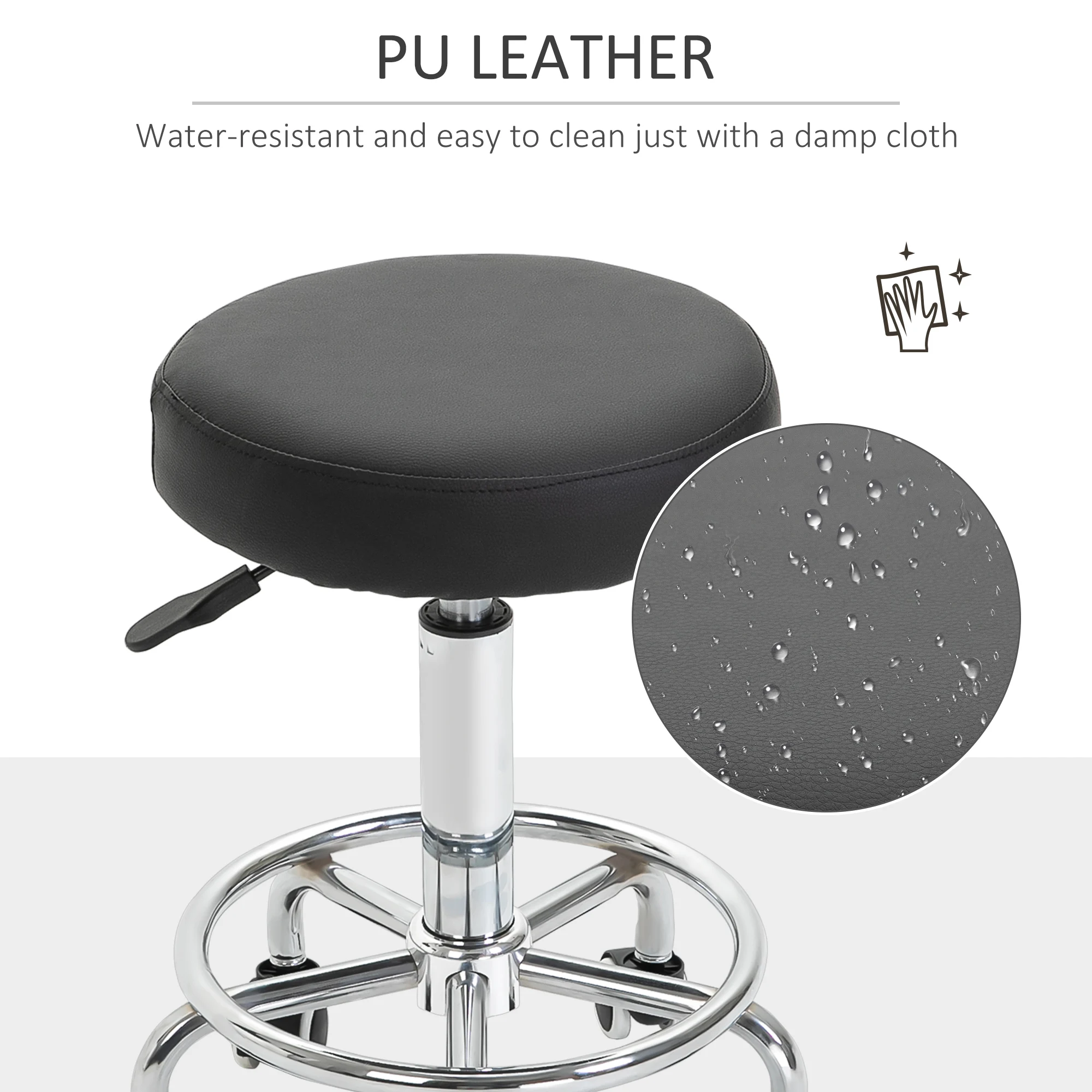 Vinsetto Round PU leather Salon Beautician Stool Adjustable Height w/ Footrest