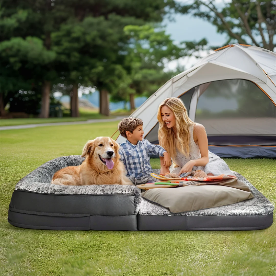 180cm Giant Dog Bed, Human Size Foldable Orthopedic Pet Bed with Plush Cover, Extra Large Calming Dog Mattress