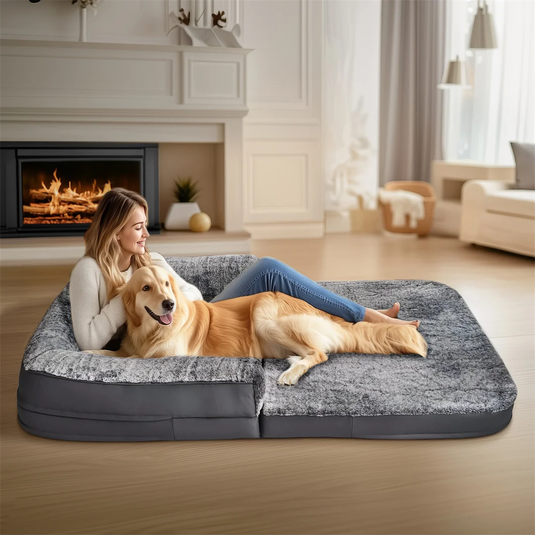 180cm Giant Dog Bed, Human Size Foldable Orthopedic Pet Bed with Plush Cover, Extra Large Calming Dog Mattress