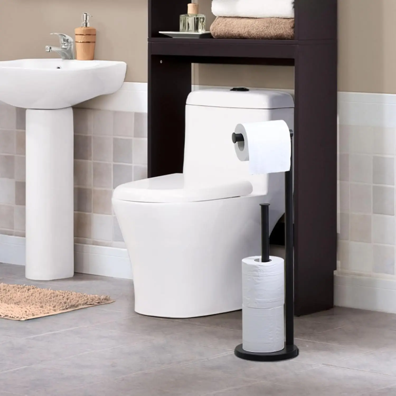 Stainless Steel Standing Toilet Paper Holder, Black Freestanding Toilet Paper Holder, Bathroom Toilet Paper Holder with Storage