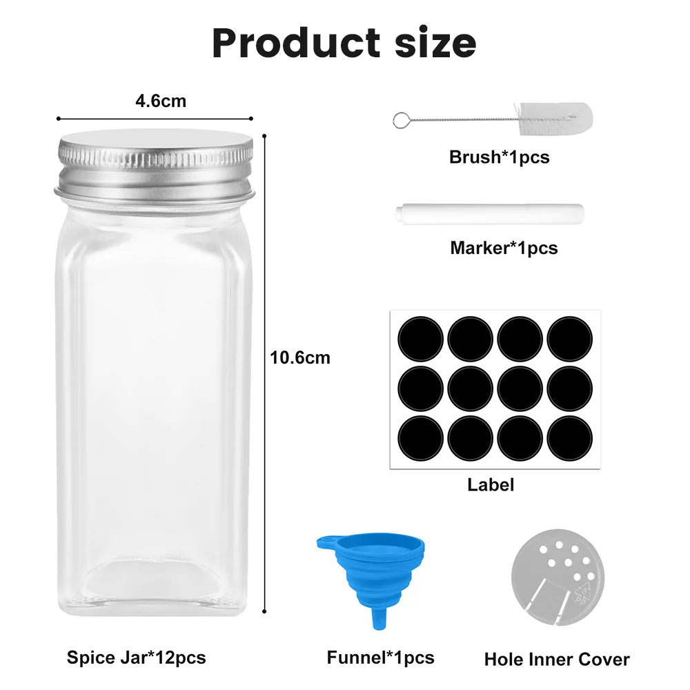 12Pcs Glass Spice Jars with Metal Lids Salt Pepper Shaker Spice Seasoning Containers Kitchen Spice Jar Organizer Set 120ML