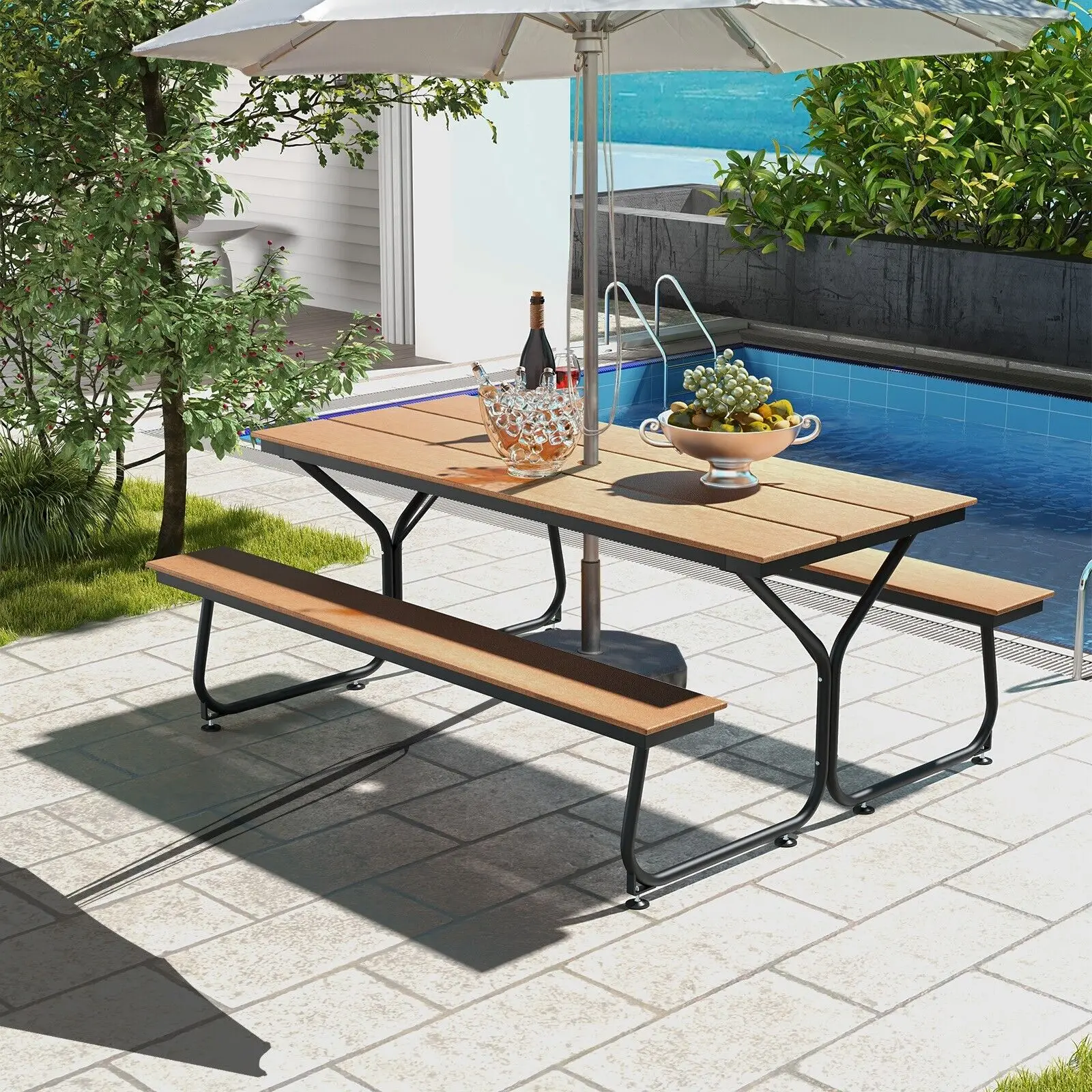 GOFLAME 183CM Picnic Table Bench Set Outdoor Dining Table & 2 Benches Umbrella Hole