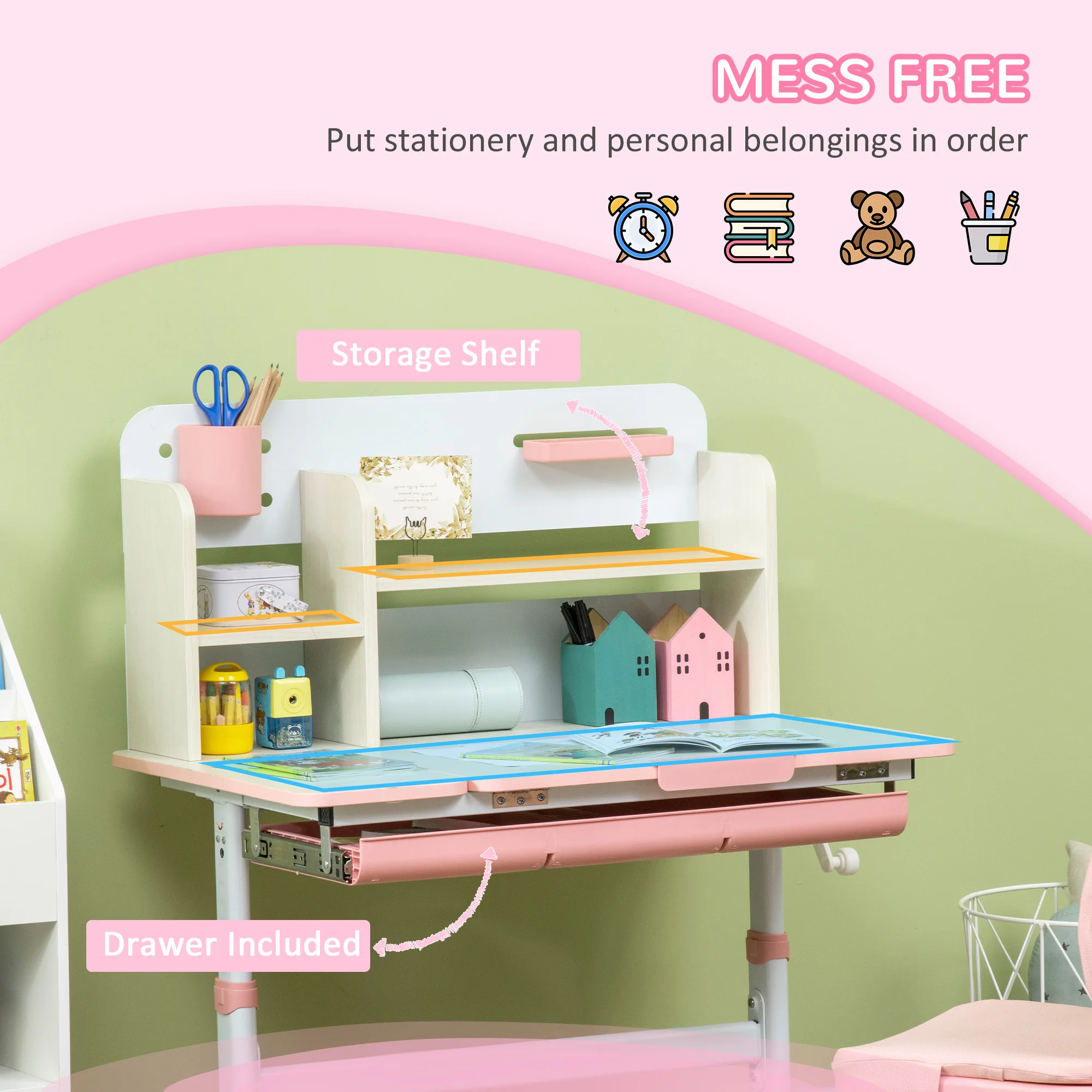 HOMCOM Kids Study Desk and Chair Set, Height Adjustable Set with Storage Shelves, Anti-Slip Mat, for Ages 3-12 Years