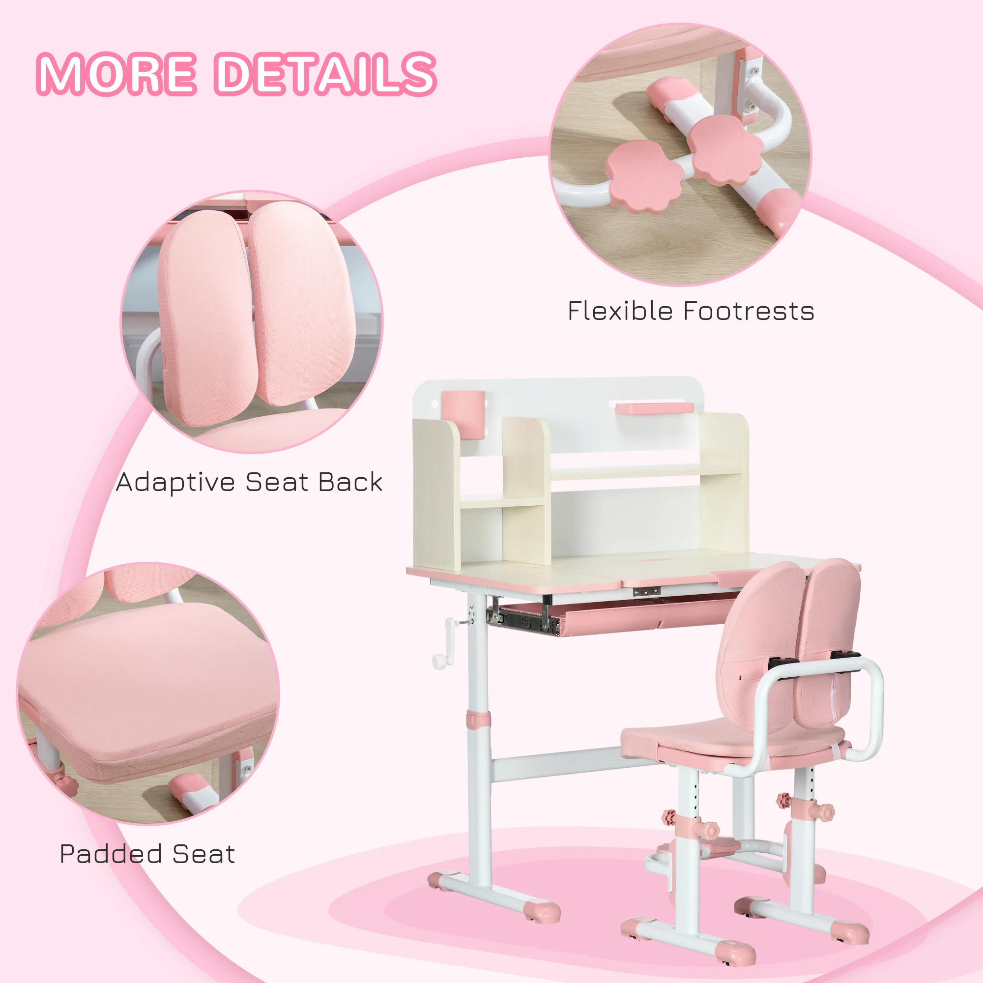 HOMCOM Kids Study Desk and Chair Set, Height Adjustable Set with Storage Shelves, Anti-Slip Mat, for Ages 3-12 Years