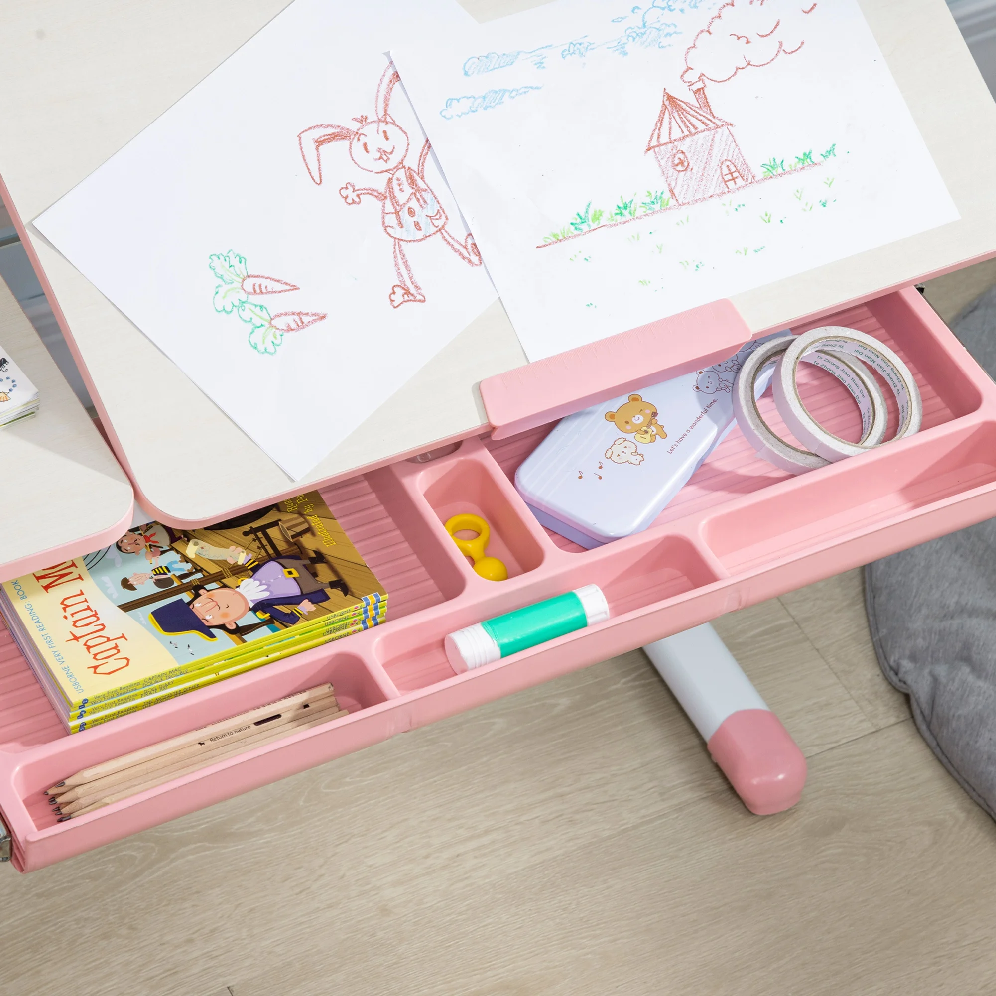 HOMCOM Kids Study Desk and Chair Set, Height Adjustable Set with Storage Shelves, Anti-Slip Mat, for Ages 3-12 Years