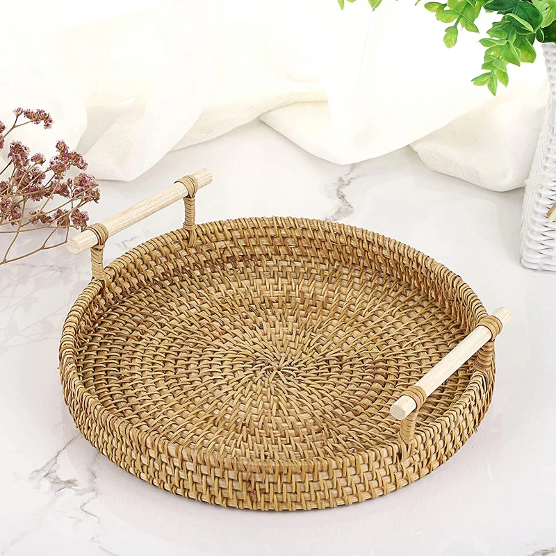 Simulated Woven Rattan Storage Tray Basket With Wooden Handle Bread Basket Tray Fruit Wicker Tray Coffee Table Decorative Tray