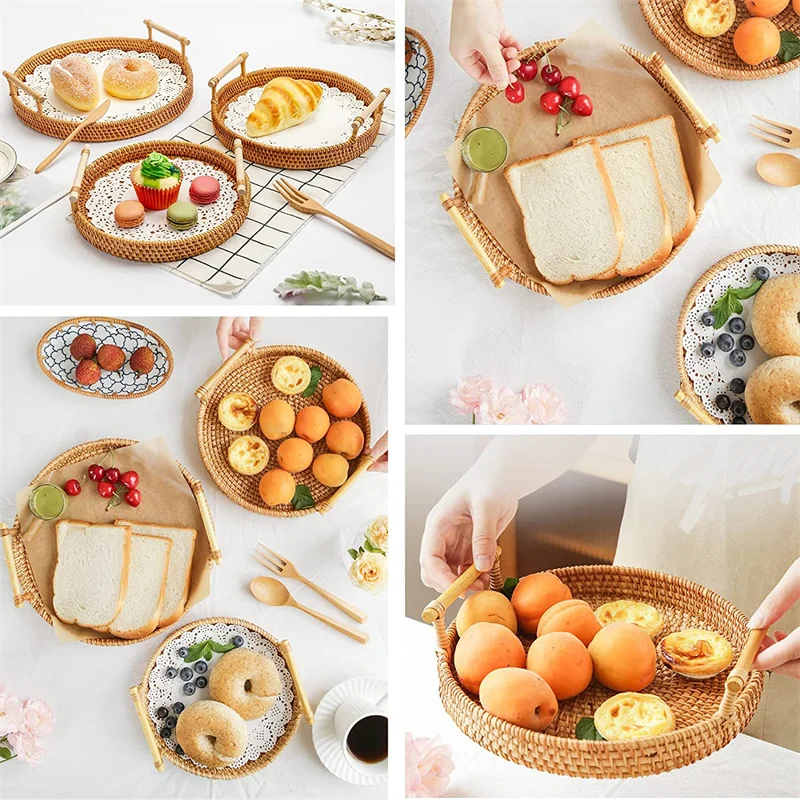 Simulated Woven Rattan Storage Tray Basket With Wooden Handle Bread Basket Tray Fruit Wicker Tray Coffee Table Decorative Tray