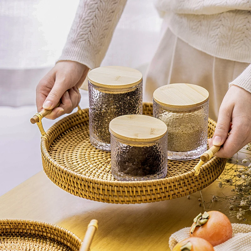 Simulated Woven Rattan Storage Tray Basket With Wooden Handle Bread Basket Tray Fruit Wicker Tray Coffee Table Decorative Tray