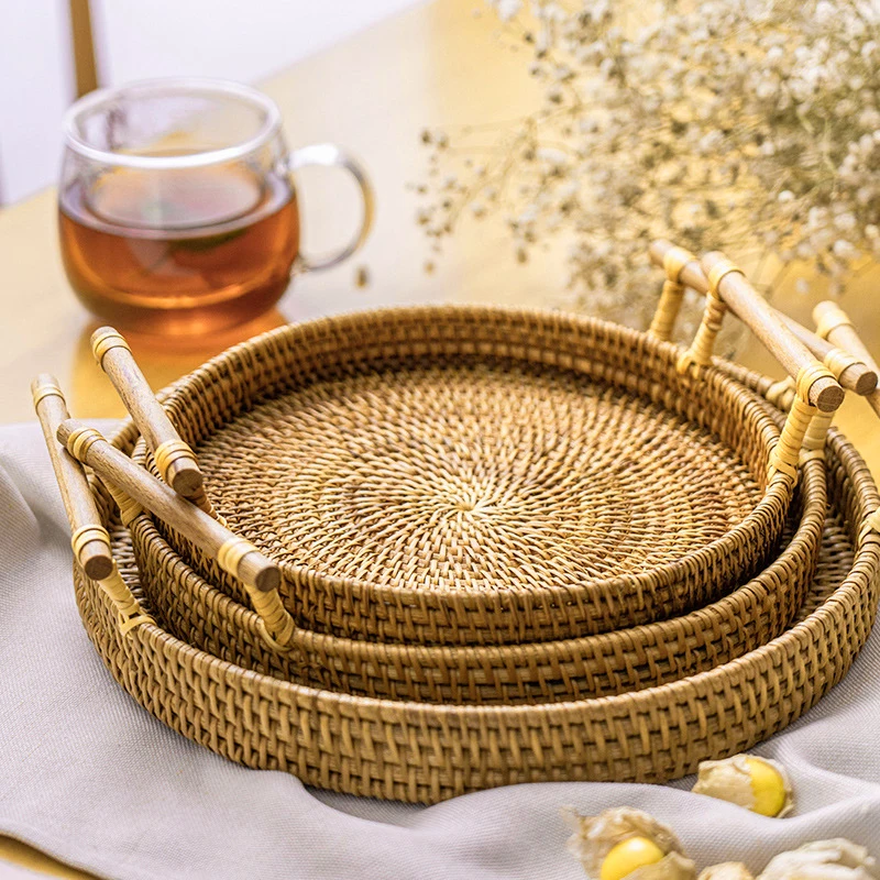 Simulated Woven Rattan Storage Tray Basket With Wooden Handle Bread Basket Tray Fruit Wicker Tray Coffee Table Decorative Tray