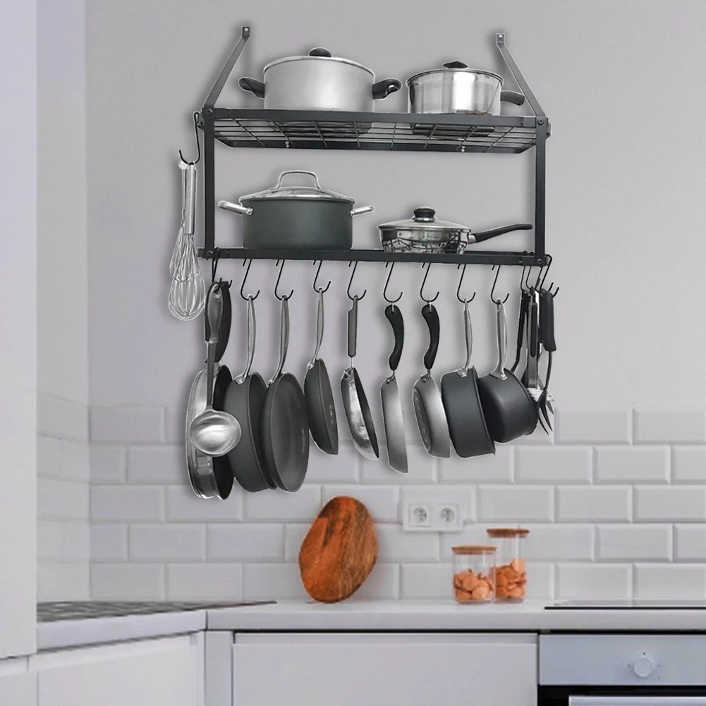 【Lifeideas】Rustproof Wall Mounted Pot Rack Pan Hanger for Kitchen Storage Organization Easy Setup 2Tier Pot Shelf