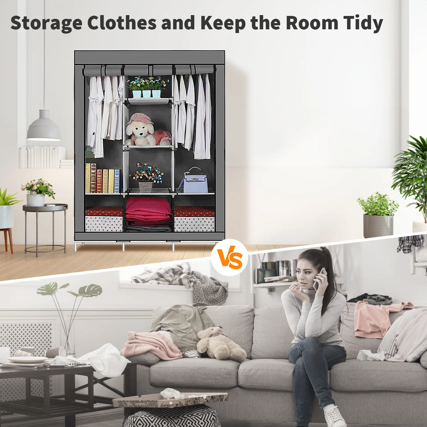 Canvas Wardrobe Clothes Closet Organizer Portable Storage Cupboard for Bedroom 128*45*170cm Fabric Closet