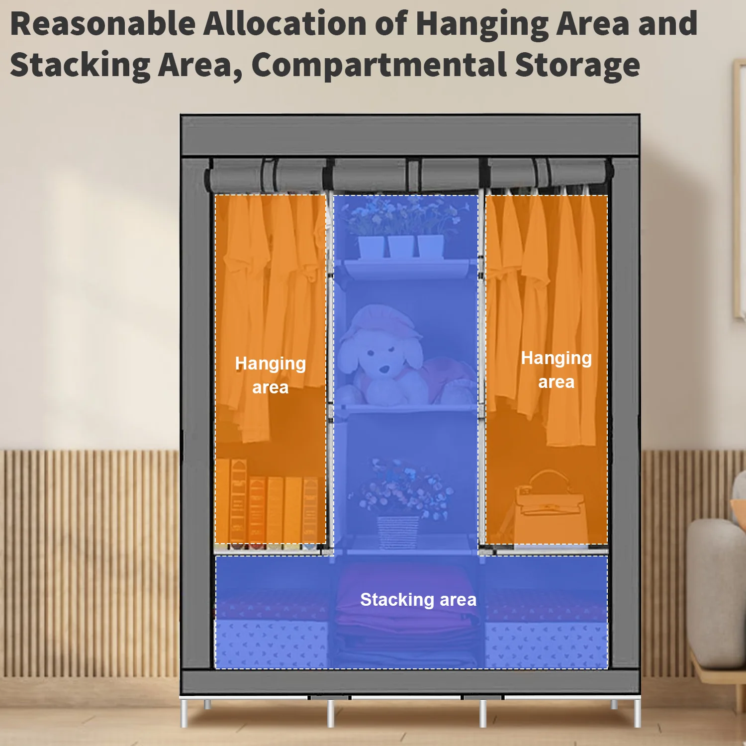 Canvas Wardrobe Clothes Closet Organizer Portable Storage Cupboard for Bedroom 128*45*170cm Fabric Closet