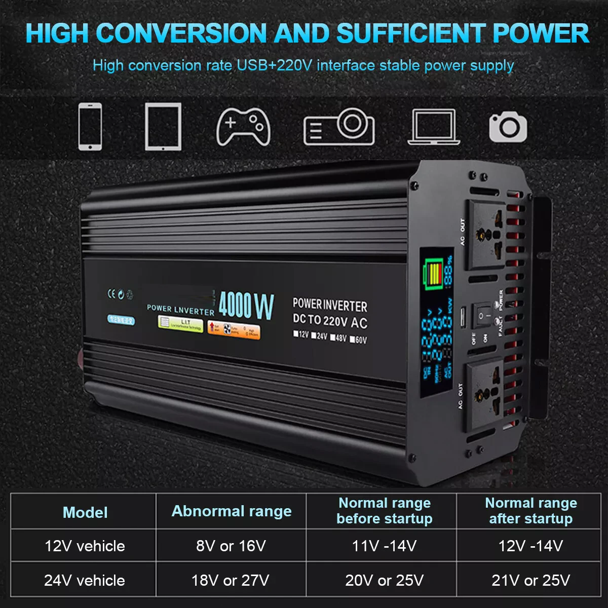 8000W Peak 4000W 12V to 240V SINE WAVE POWER INVERTER CONVERTER LCD USB