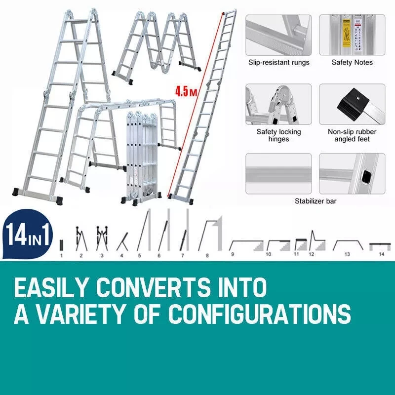 4.7M Foldable Ladder Aluminium Lock Step 14 IN 1 Combination Multi Purpose Ladder W/2 Scaffold Platform