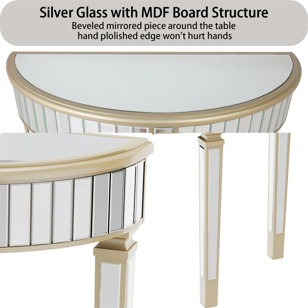 LUVODI Half-Round Mirrored Glass Console Table Modern Silver Curved Entryway Porch Desk for Porch,Living Room,Bedroom