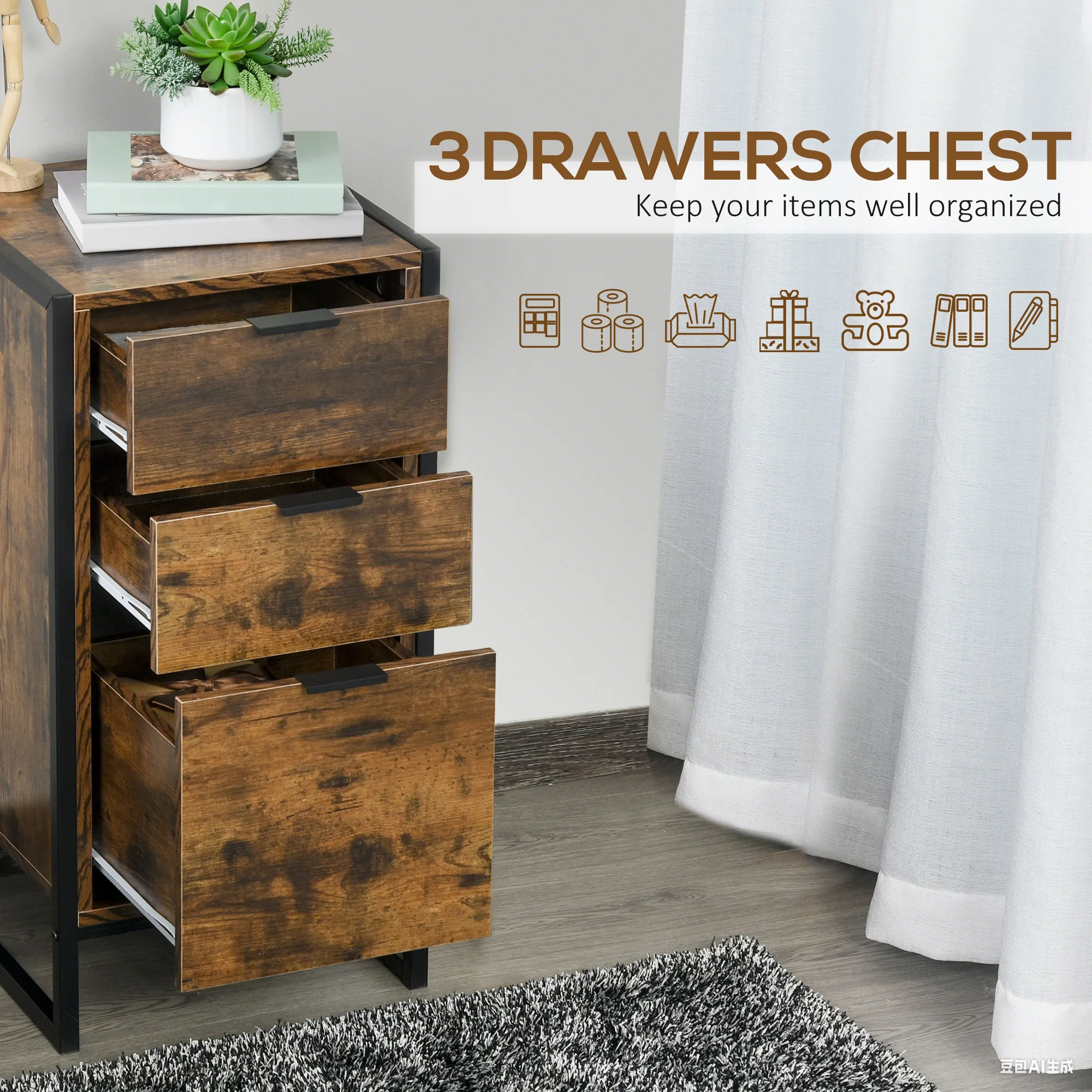 HOMCOM Industrial 3-Drawer Bedroom Chest of Drawers with Metal Frame, Brown