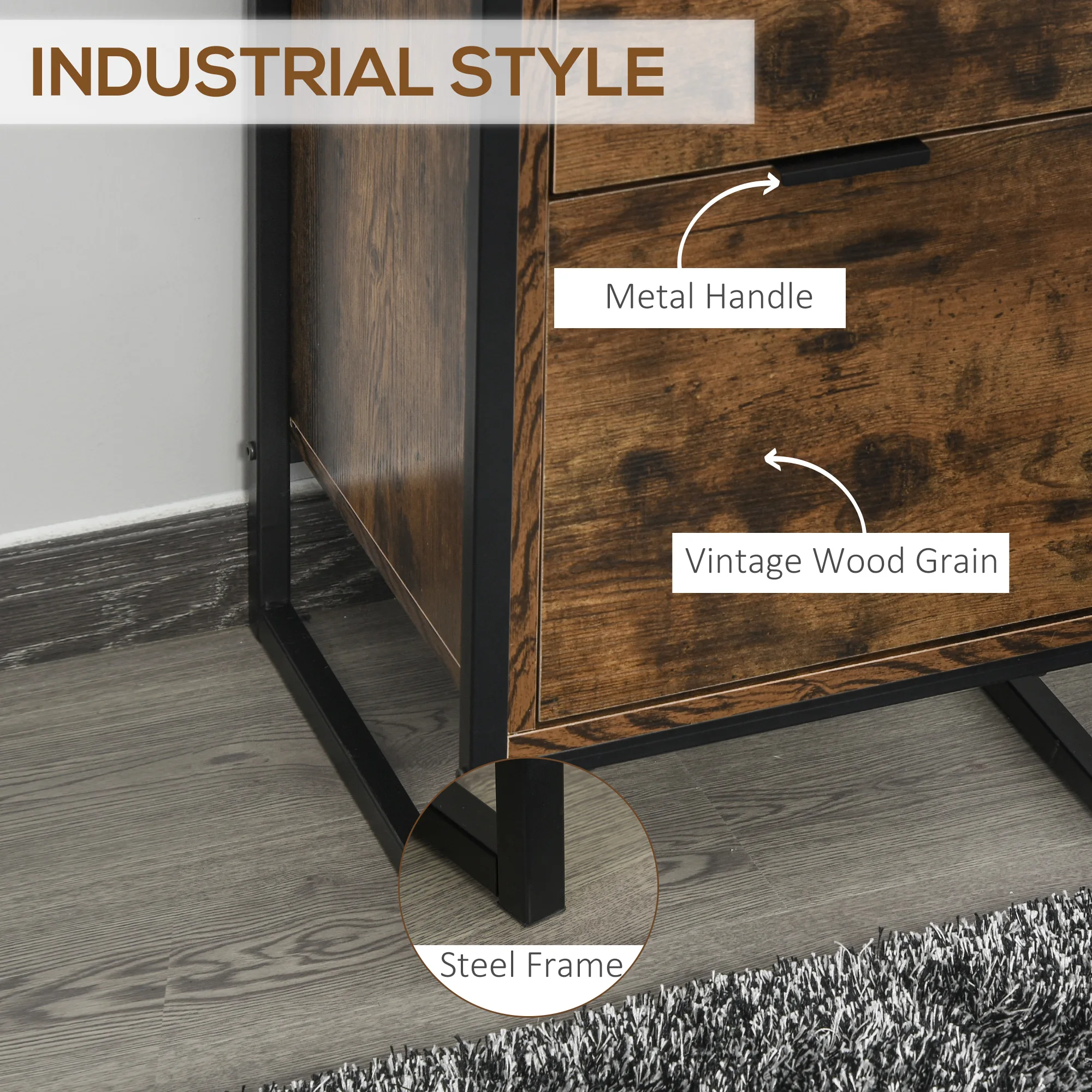 HOMCOM Industrial 3-Drawer Bedroom Chest of Drawers with Metal Frame, Brown