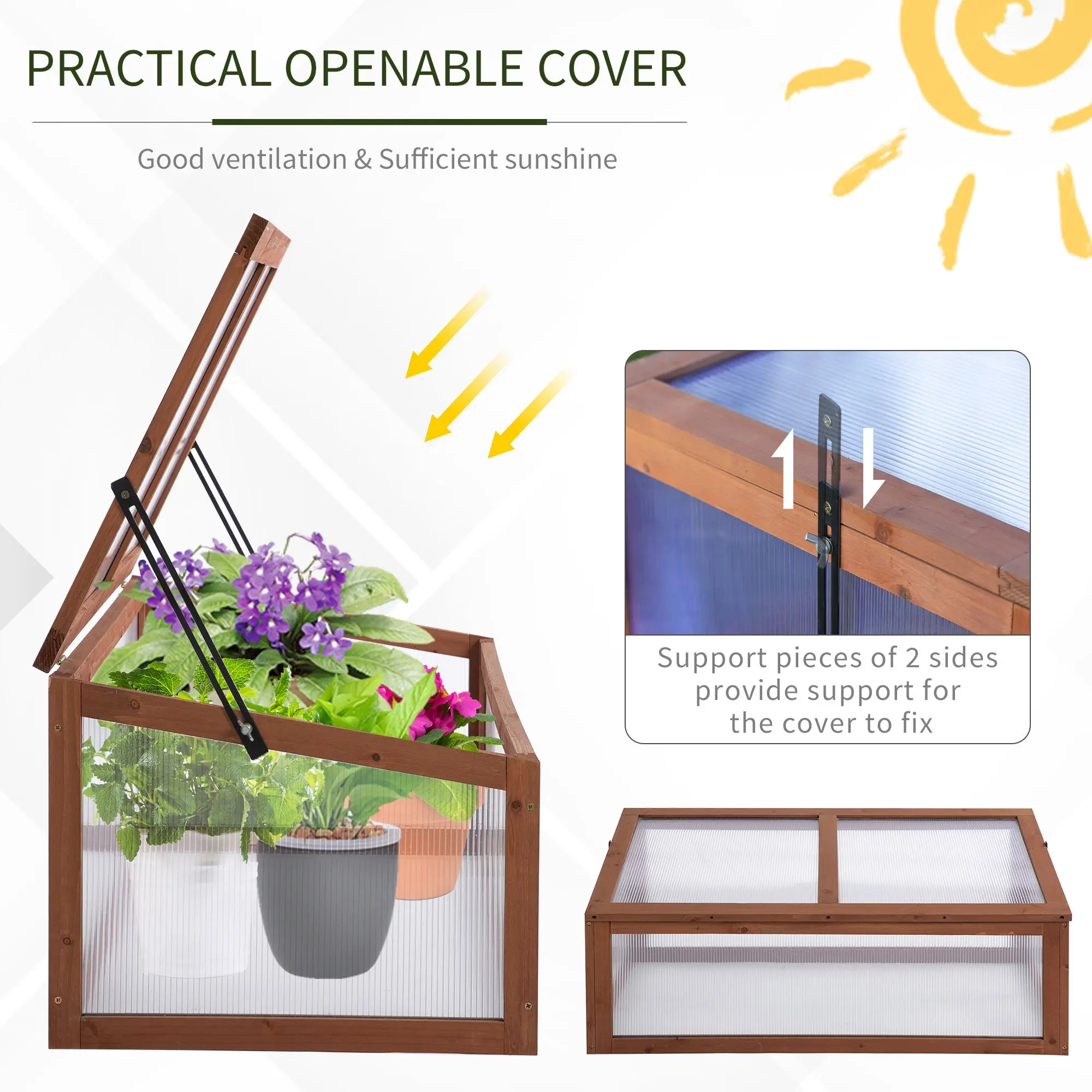 Wooden Cold Frame Greenhouse Polycarbonate Board Plant Flower 100 X 65 X 40cm