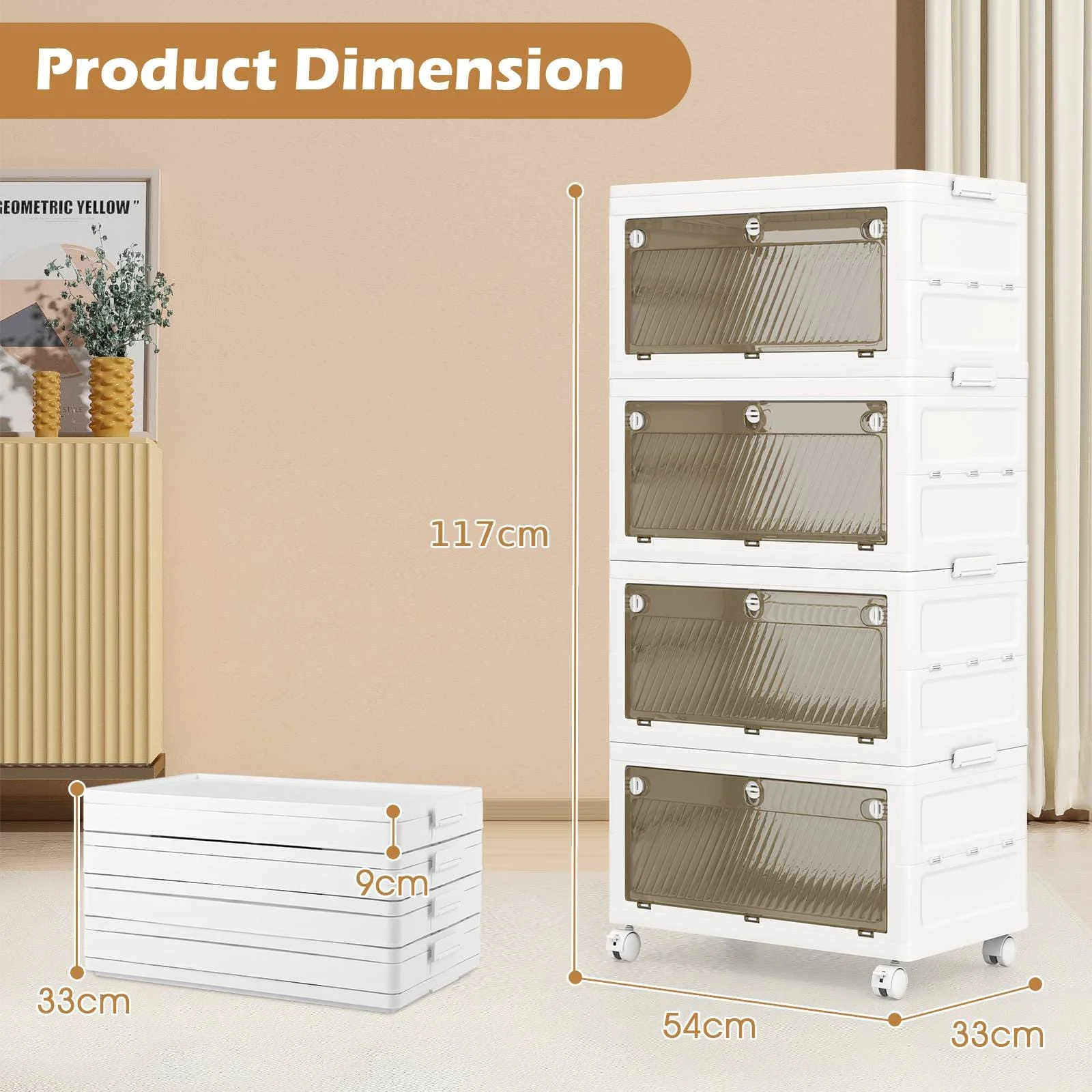 GOFLAME 4-Tier Stackable Storage Bins Bedroom Collapsible Storage Boxes-White