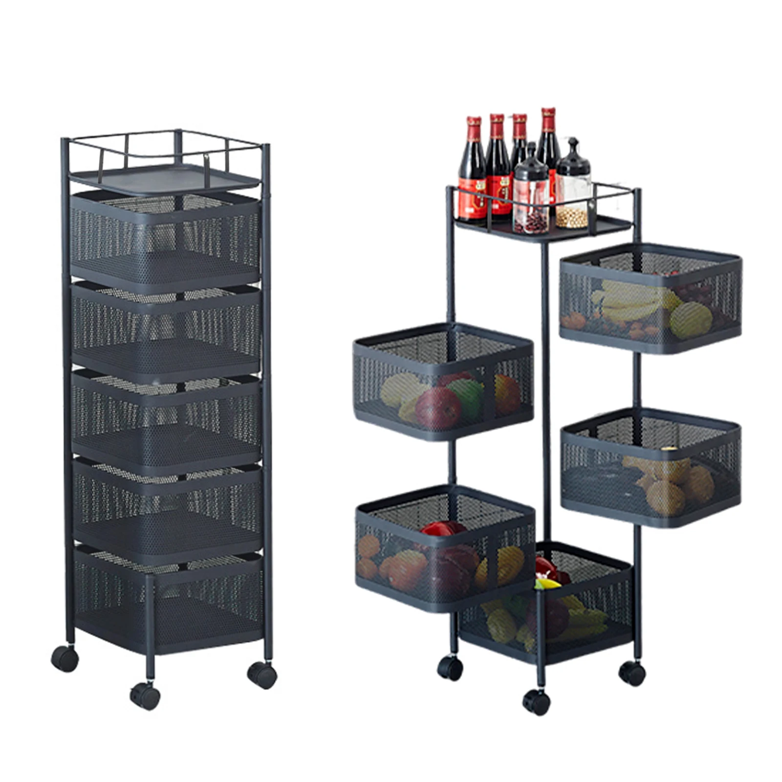 Carbon Steel 360° Rotatable Trolley Storage Rack Iron Storage Rack Kitchen Vegetable Rack Living Room Snack Storage Rack 5Layers