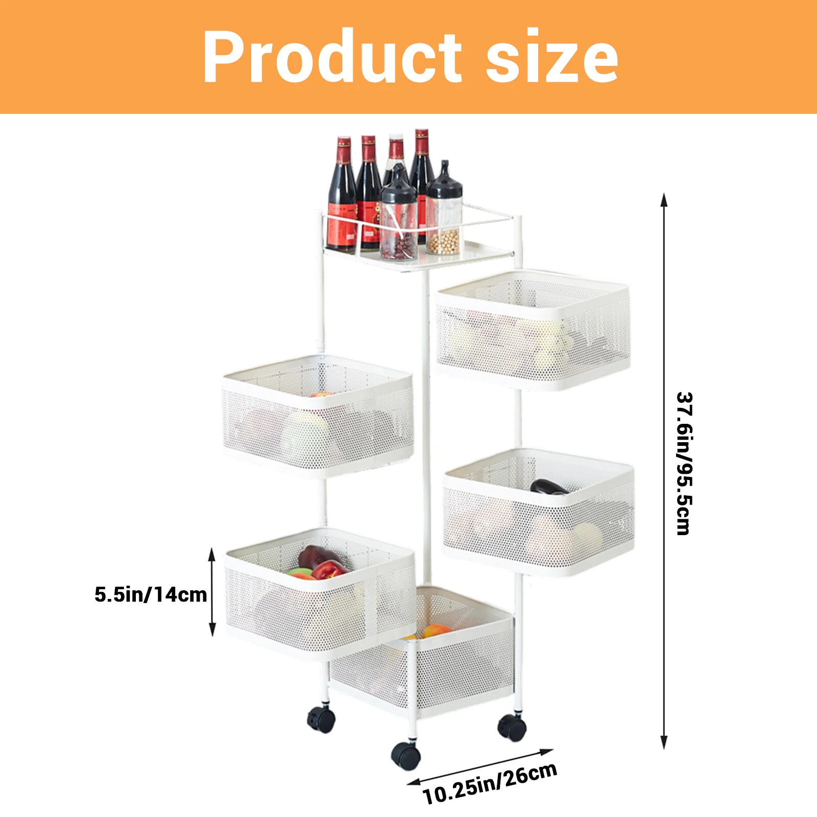 Carbon Steel 360° Rotatable Trolley Storage Rack Iron Storage Rack Kitchen Vegetable Rack Living Room Snack Storage Rack 5Layers