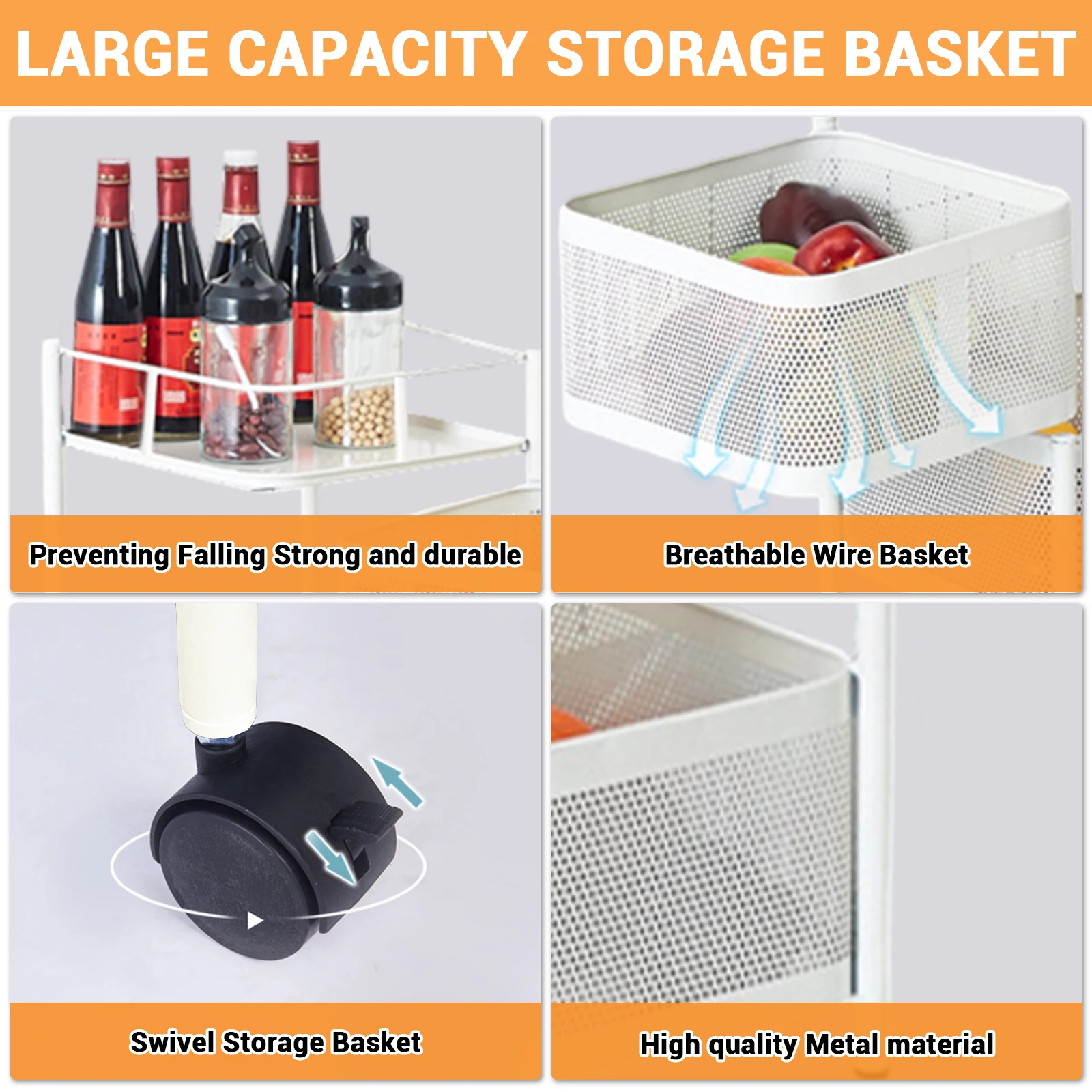 Carbon Steel 360° Rotatable Trolley Storage Rack Iron Storage Rack Kitchen Vegetable Rack Living Room Snack Storage Rack 5Layers