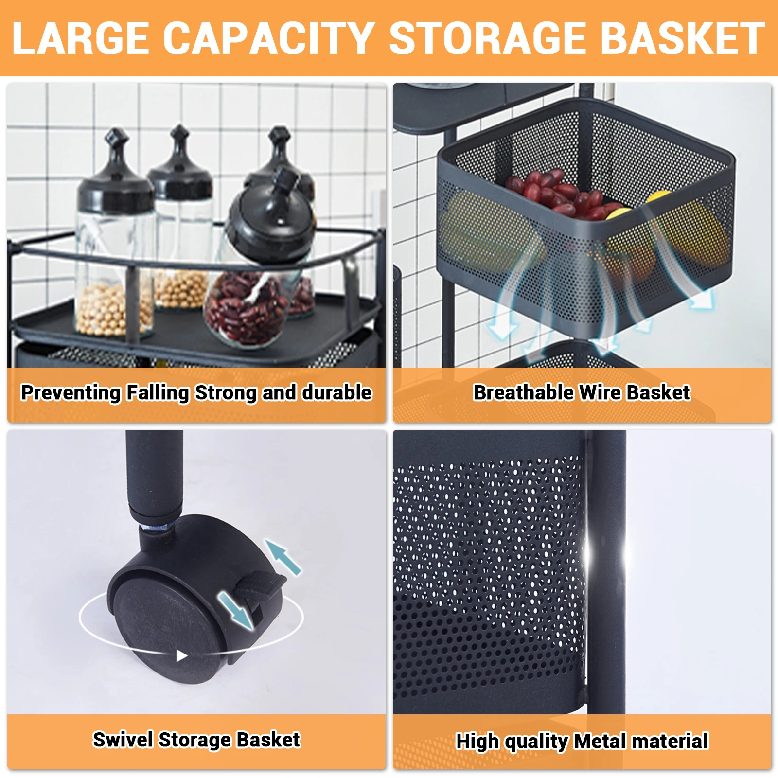 Carbon Steel 360° Rotatable Trolley Storage Rack Iron Storage Rack Kitchen Vegetable Rack Living Room Snack Storage Rack 5Layers