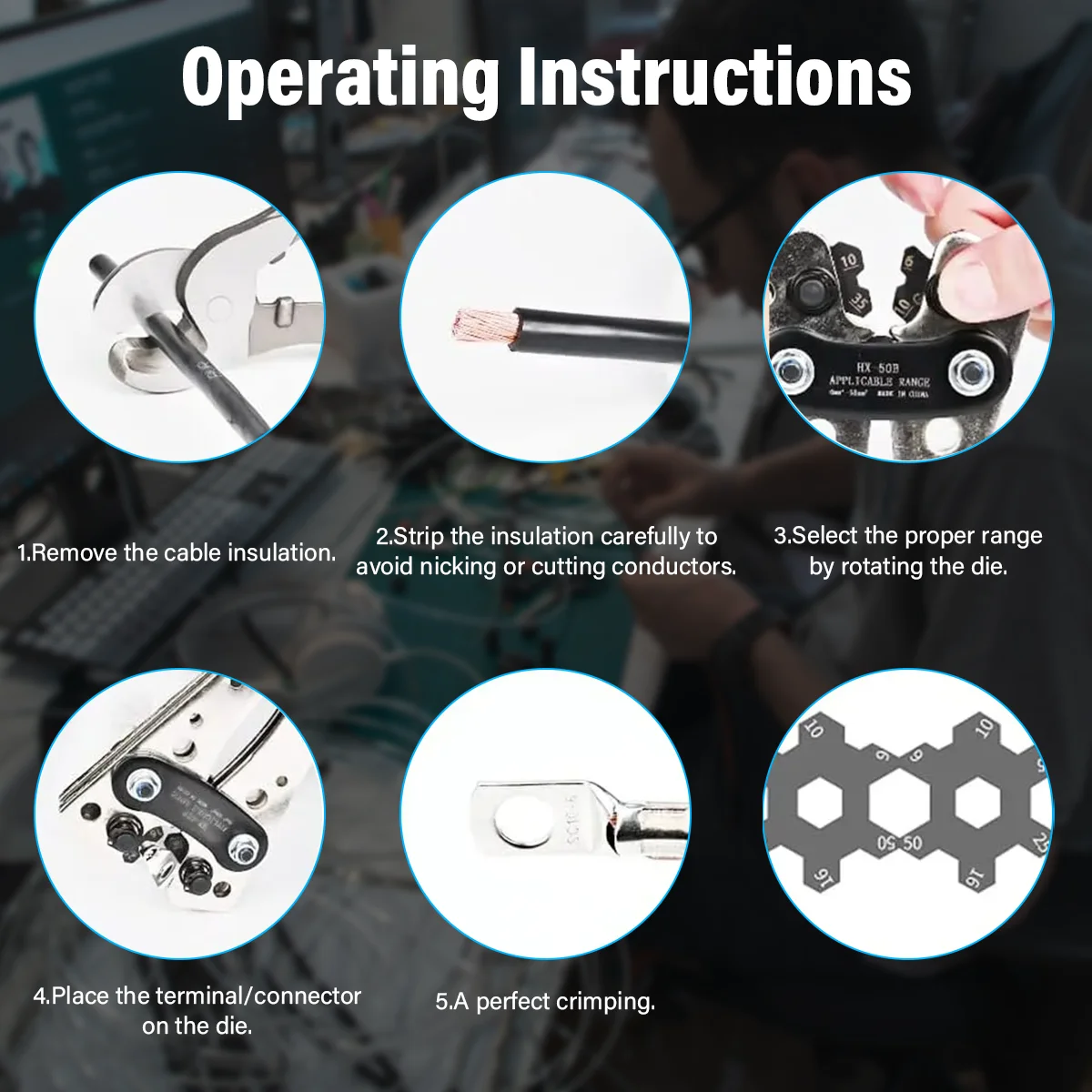 Heavy Duty Battery Cable Crimping Tool Wire Lug Crimper Terminal Copper Lugs Kit for Battery Wire Ring Terminals
