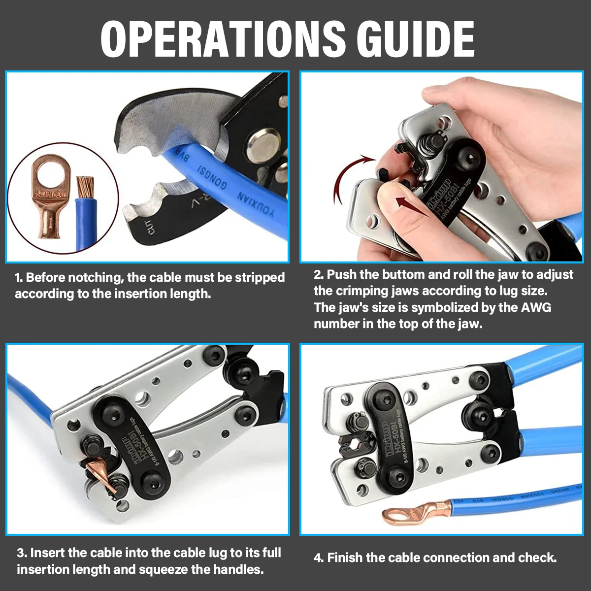 Heavy Duty Battery Cable Crimping Tool Wire Lug Crimper Terminal Copper Lugs Kit for Battery Wire Ring Terminals