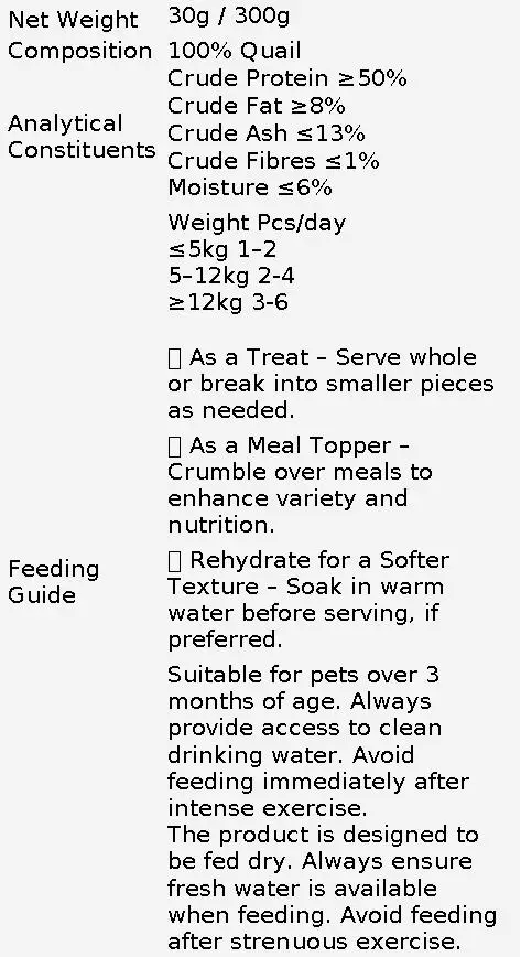 Waita Freeze Dried Quail 30g Premium Pet Treats Cat Dog High Protein Nutrient Dense Skin Coat Rich Vitamins Minerals