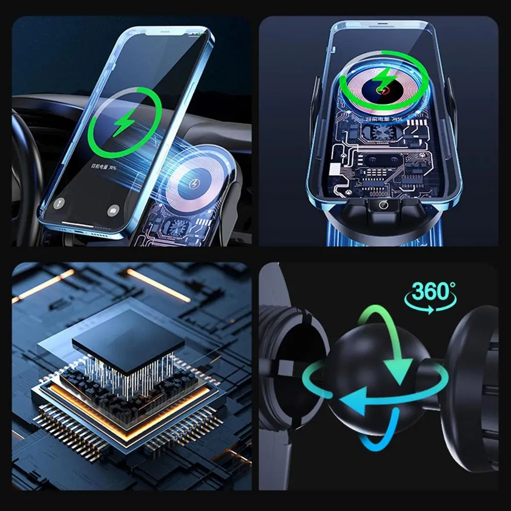 Wireless Car Charger Vehicle Mount Rotation Phone Holder Auto Clamping Safe Stable Smartphone Dashboard Mount For Vehicles
