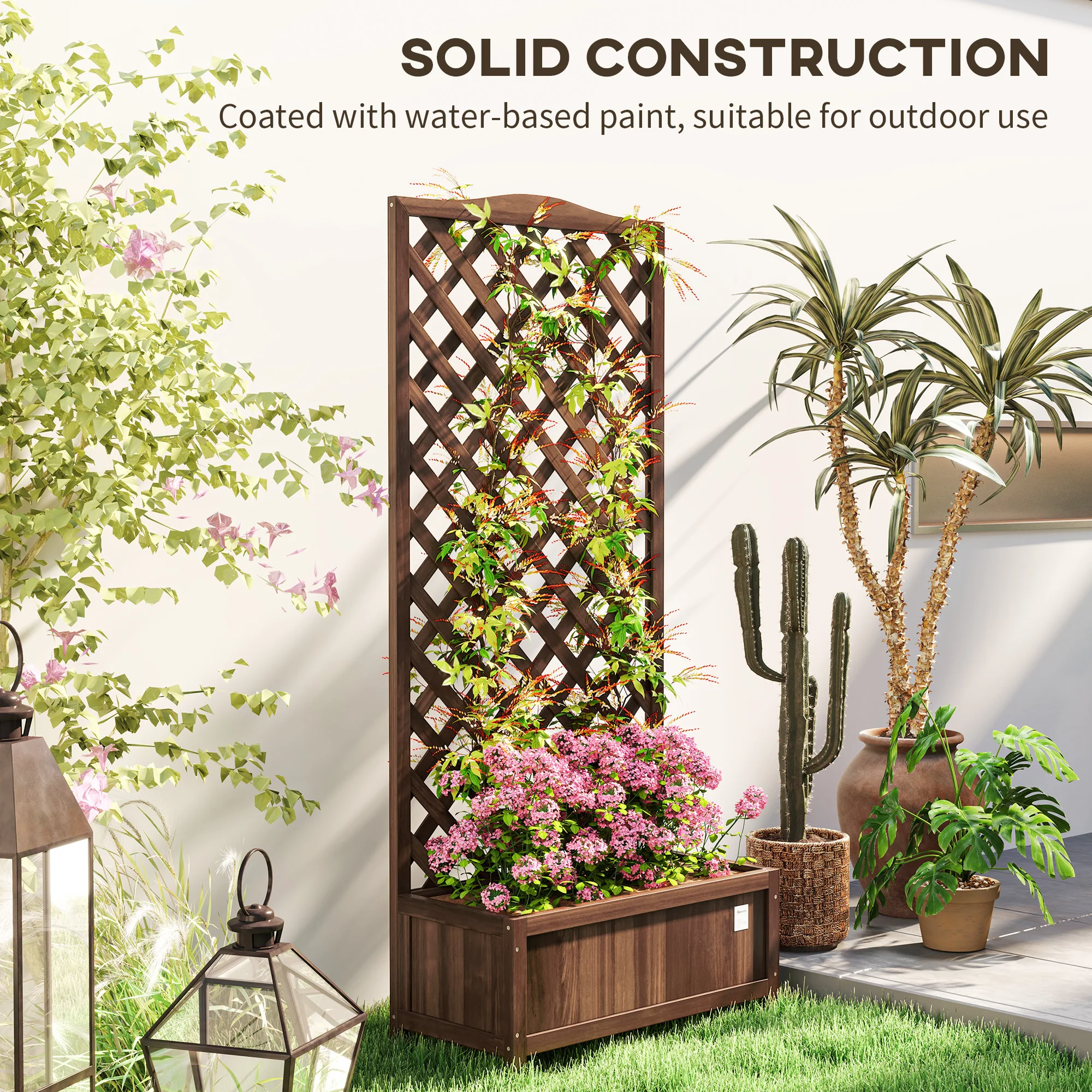 Garden Wooden Planter Box with Trellis Lattice Flower Raised Bed, Dark Brown