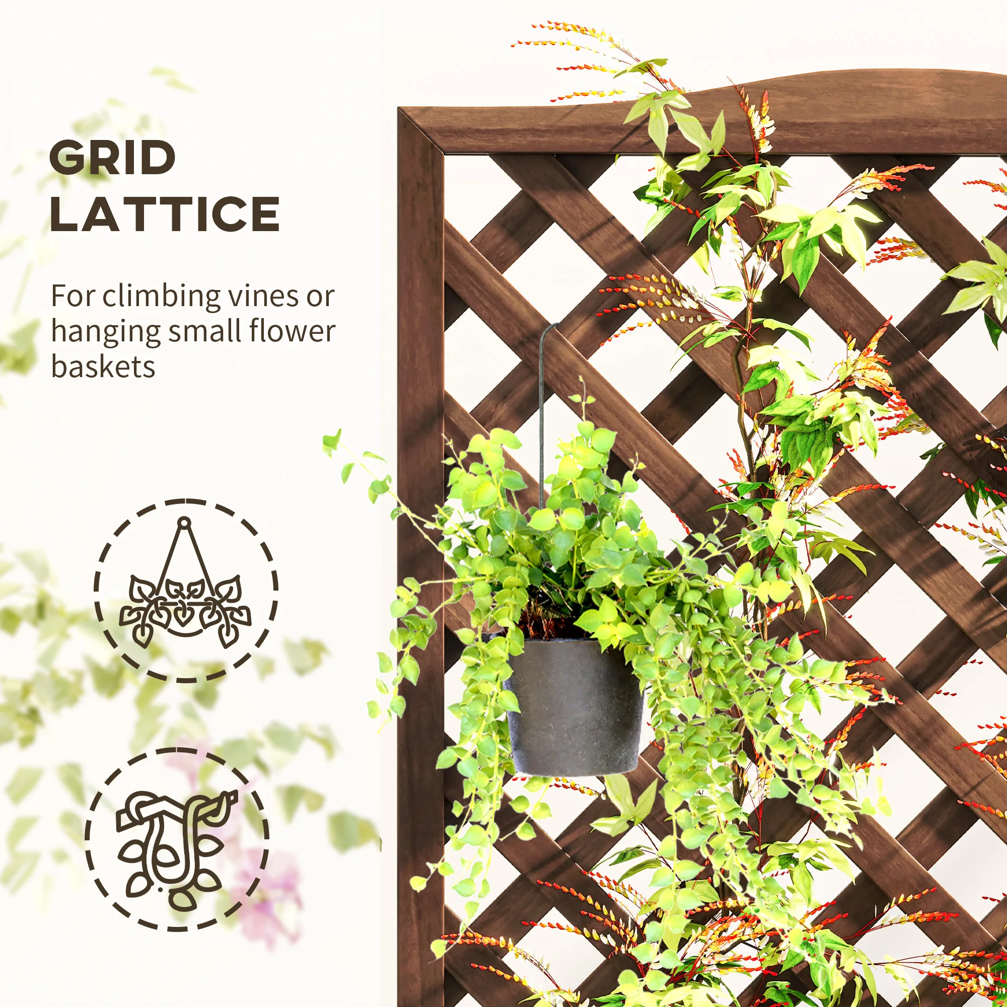 Garden Wooden Planter Box with Trellis Lattice Flower Raised Bed, Dark Brown