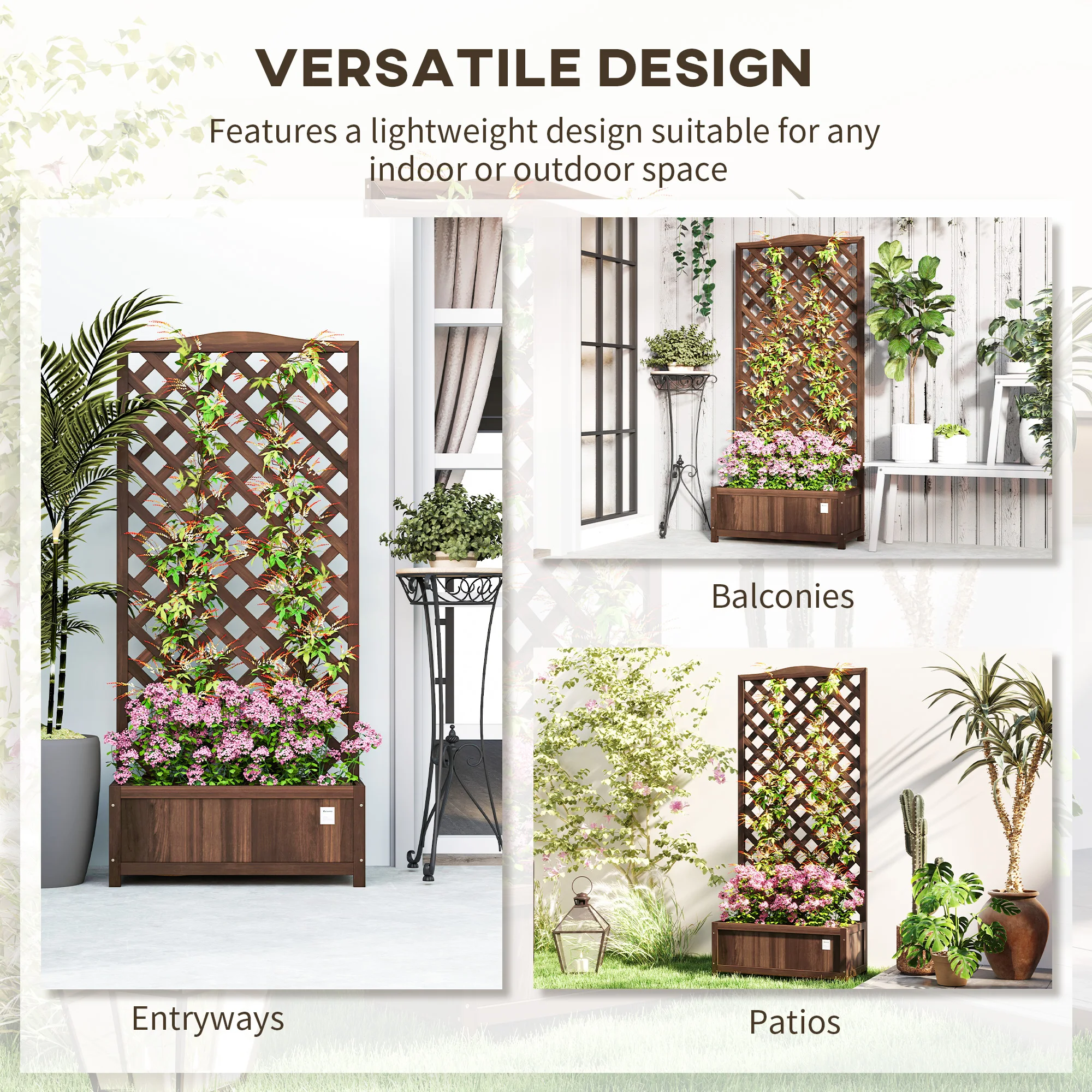 Garden Wooden Planter Box with Trellis Lattice Flower Raised Bed, Dark Brown
